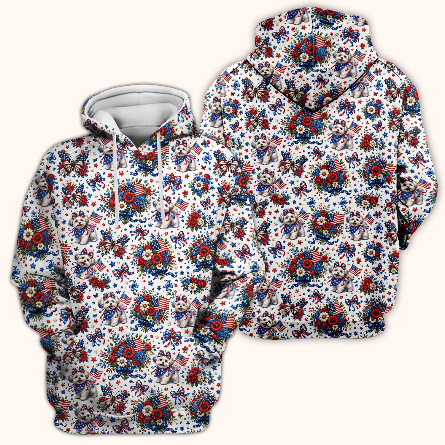Patriotic Puppy Floral Bouquet Pattern Scrub Top, Comfortable Scrubs for Nurses