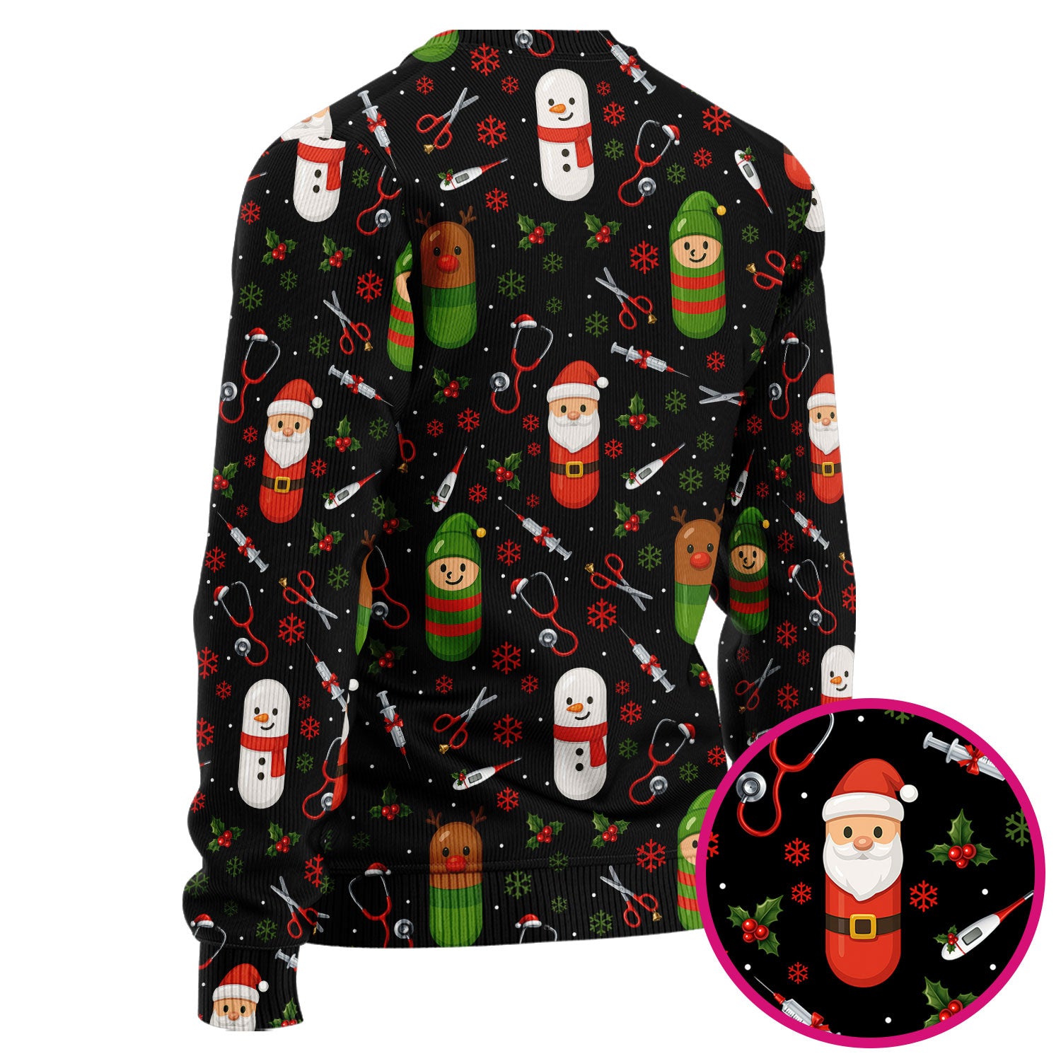 Santa Christmas Scrubs Set - Cute Holiday Pattern with Reindeer and Snowman - Fun Medical Scrub Top and Pants for Women Nurses