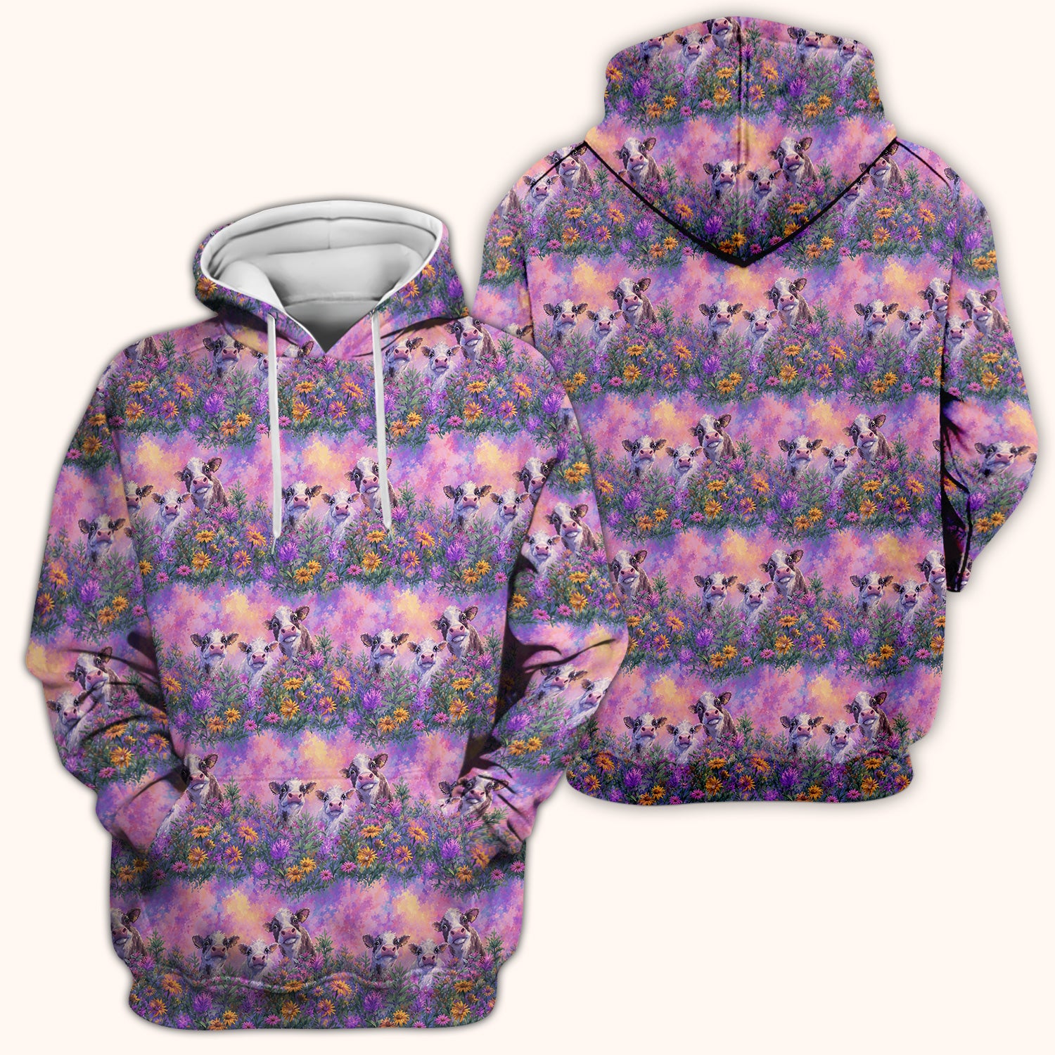 Pastel Cow Meadow Flower Pattern Scrub Top, Comfortable Scrubs for Nurses
