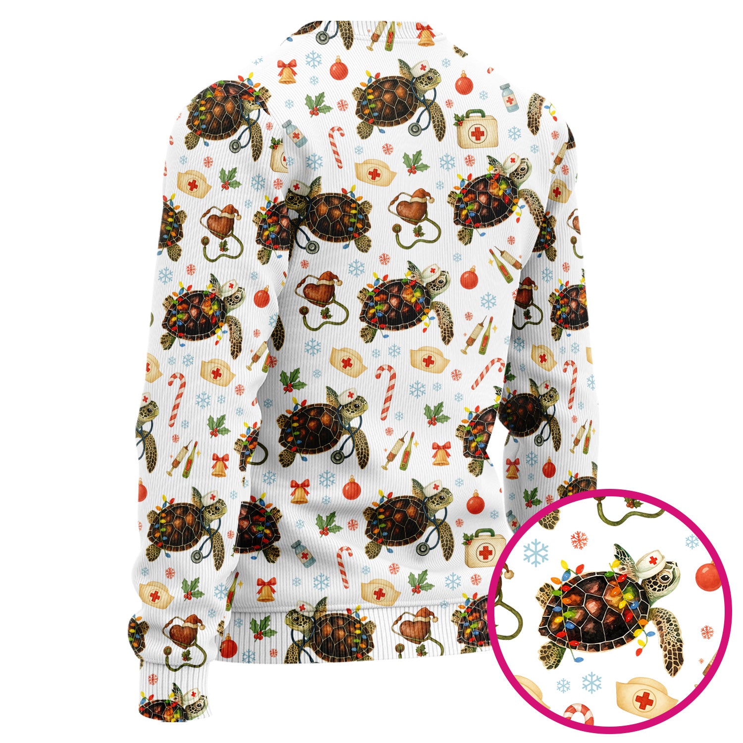 Funny Christmas Scrub Set - Sea Turtle with Xmas Lights Scrubs Pants and V Neck Top - Holiday Nurse Med Uniform for Women