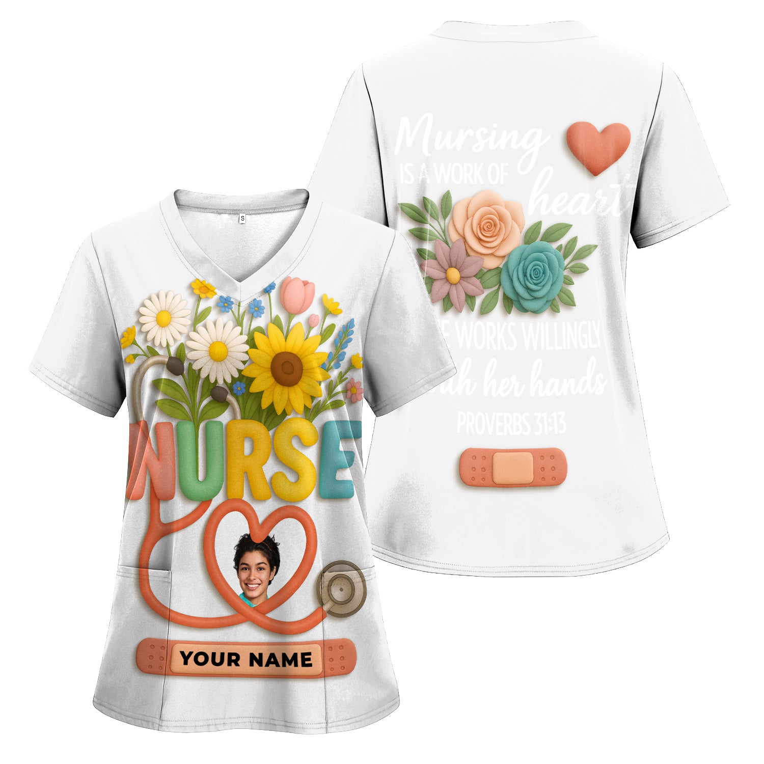 Nurse Appreciation Shirt for CNA RN LPN - Floral Heart Stethoscope Design - Custom Photo & Name Gift for Women Healthcare Workers - Multiple Shirt Colors Available