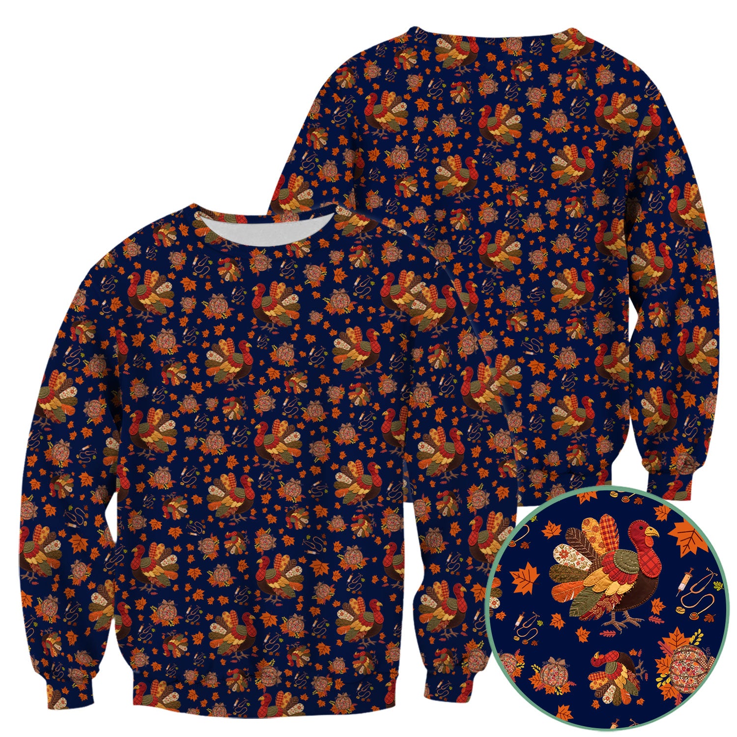 Thanksgiving Turkey Nurse Scrub Top for Women - Fall Leaves Pattern Shirts - Autumn Nursing Uniform Gift for RN LPN CNA