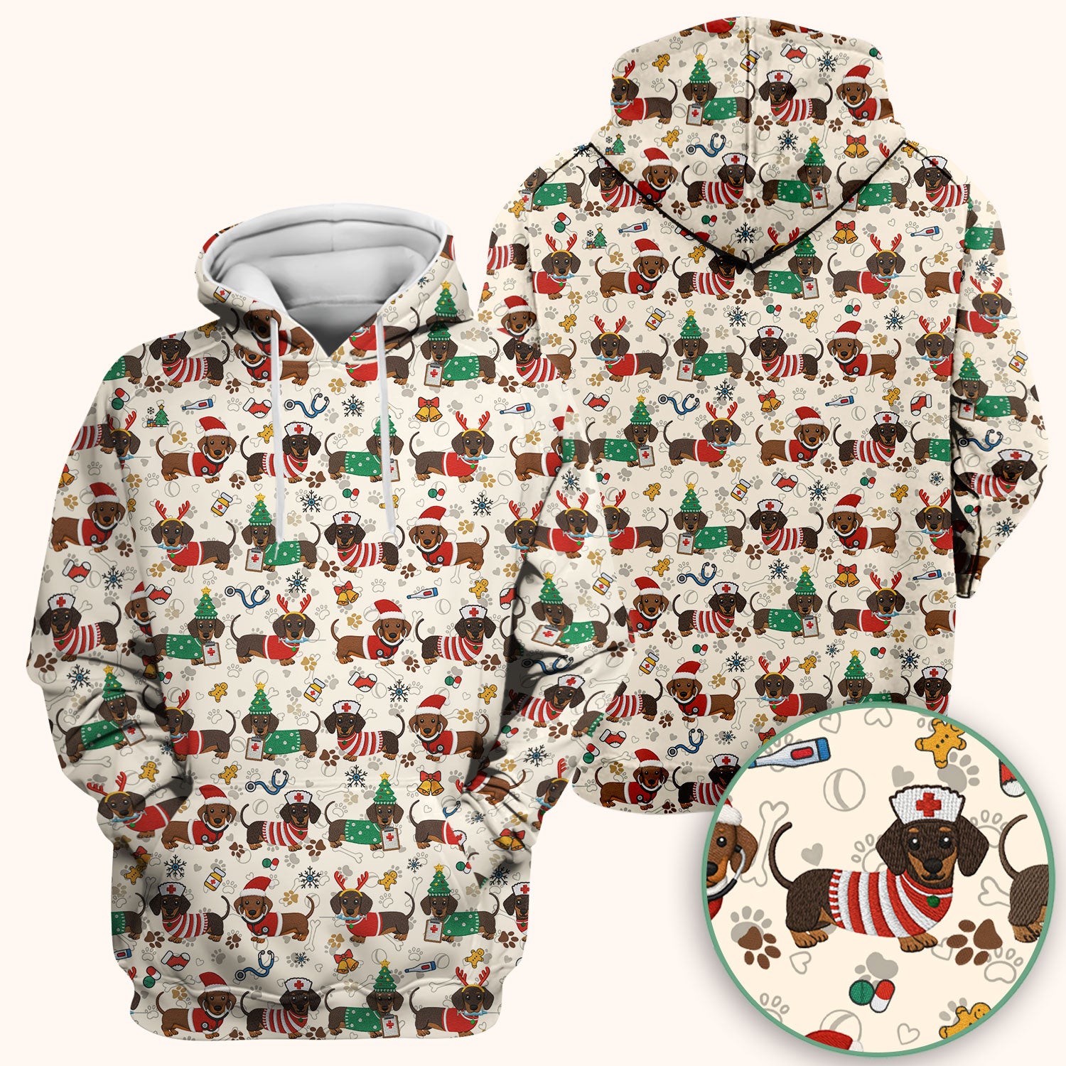 Christmas Dachshund Scrub Top for Nurses - Cute Wiener Dog Pattern Medical Shirt - Festive Holiday Scrubs Gift for Women RN CNA LPN