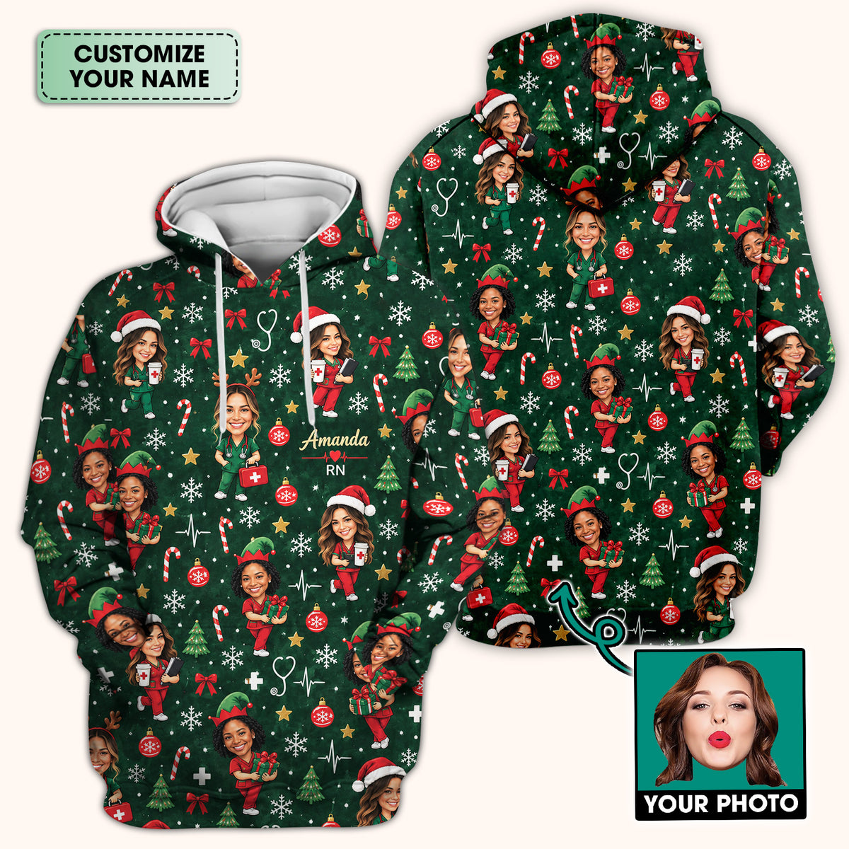 Personalized Christmas Nurse Photo And Name Scrub Top, Comfortable Scrubs for Nurses