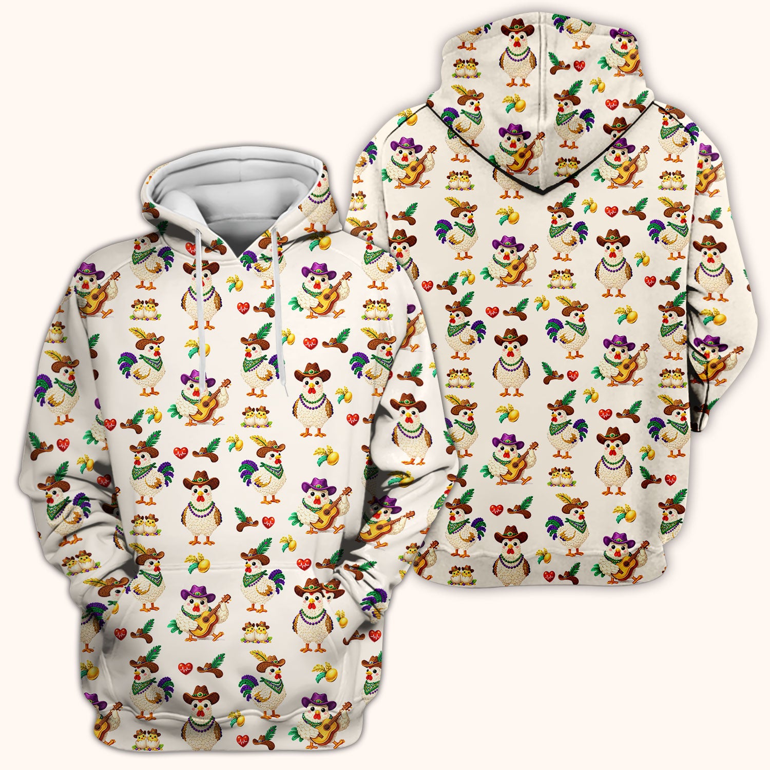 Funny Mardi Gras Rooster Cowboy Print Scrub Top, Comfortable Scrubs for Nurses