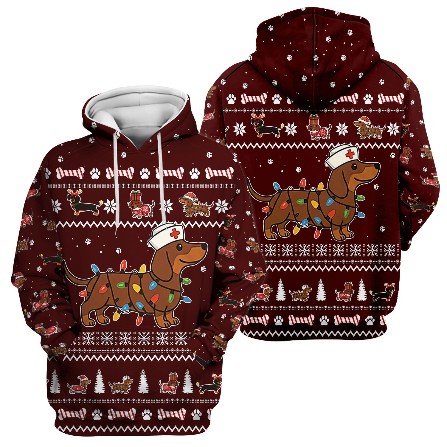 Christmas Dachshund Nurse Scrub Top for Women - Cute Sausage Dog Wearing Lights - Funny Holiday Medical Shirt Gift for RN CNA LPN