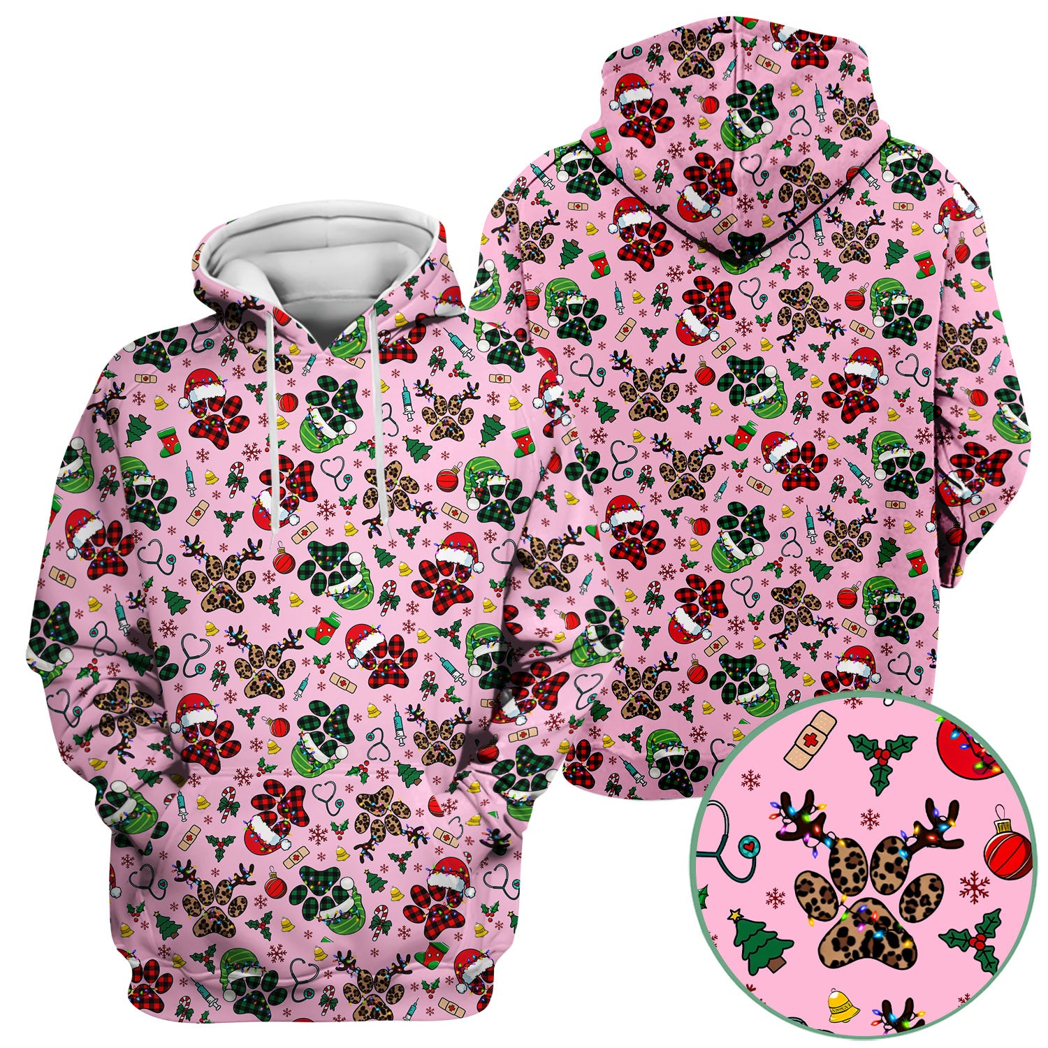 Christmas Paw Print Scrub Top for Nurses - Cute Leopard Holiday Pattern - Funny Festive Medical Uniform Gift