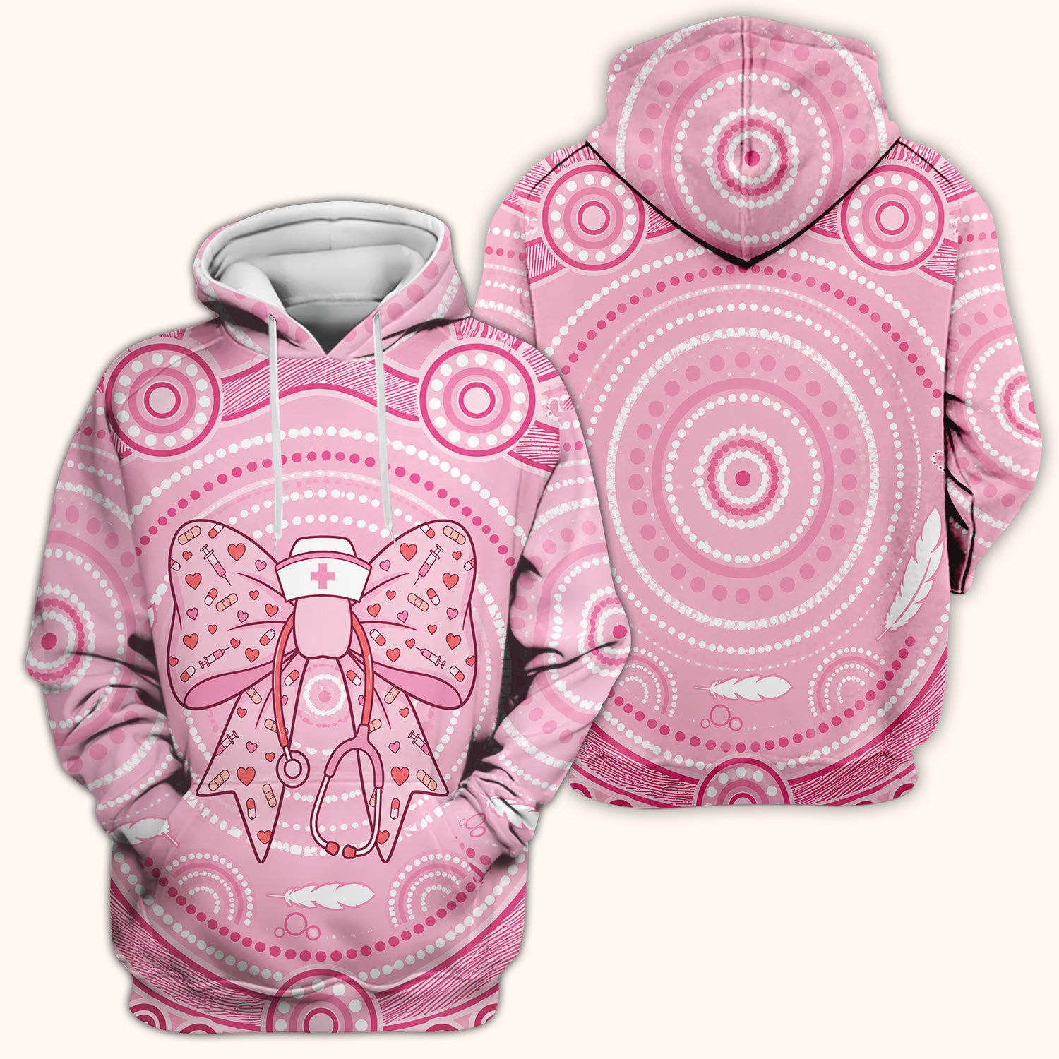 Pink Nurse Bow Stethoscope Pattern Scrub Top, Comfortable Scrubs for Nurses