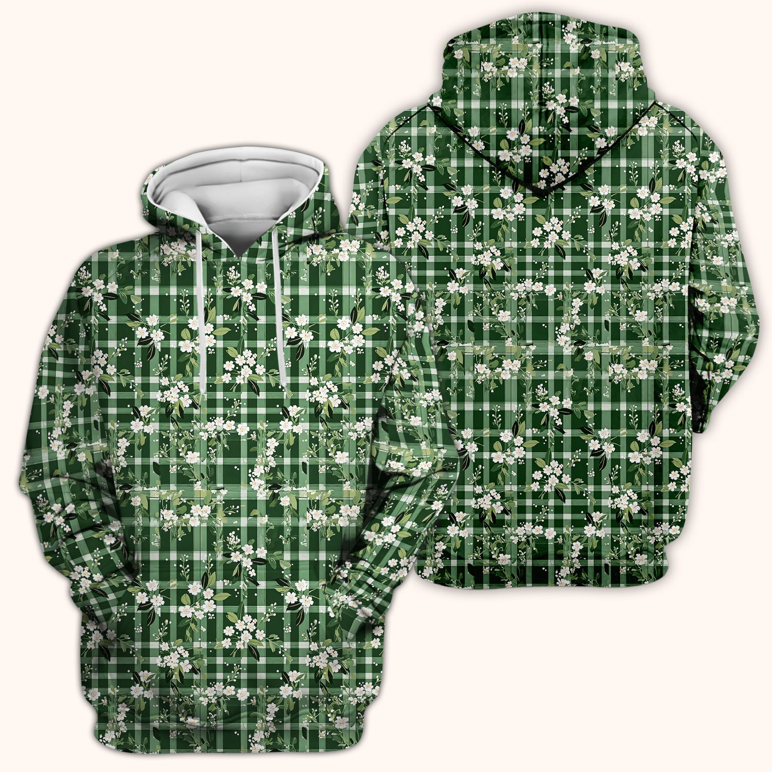 Cute Green Gingham Floral Print Scrub Top, Breathable Fabrics Nursing Uniform