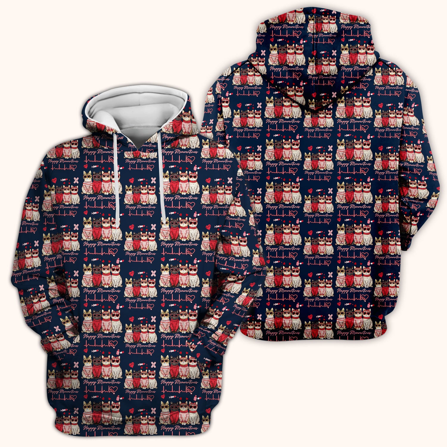 Happy Meowtines Cat Pattern Scrub Top, Valentine Cat Lover Nurse Scrub Shirt, Heartbeat Medical Pattern Nursing Uniform