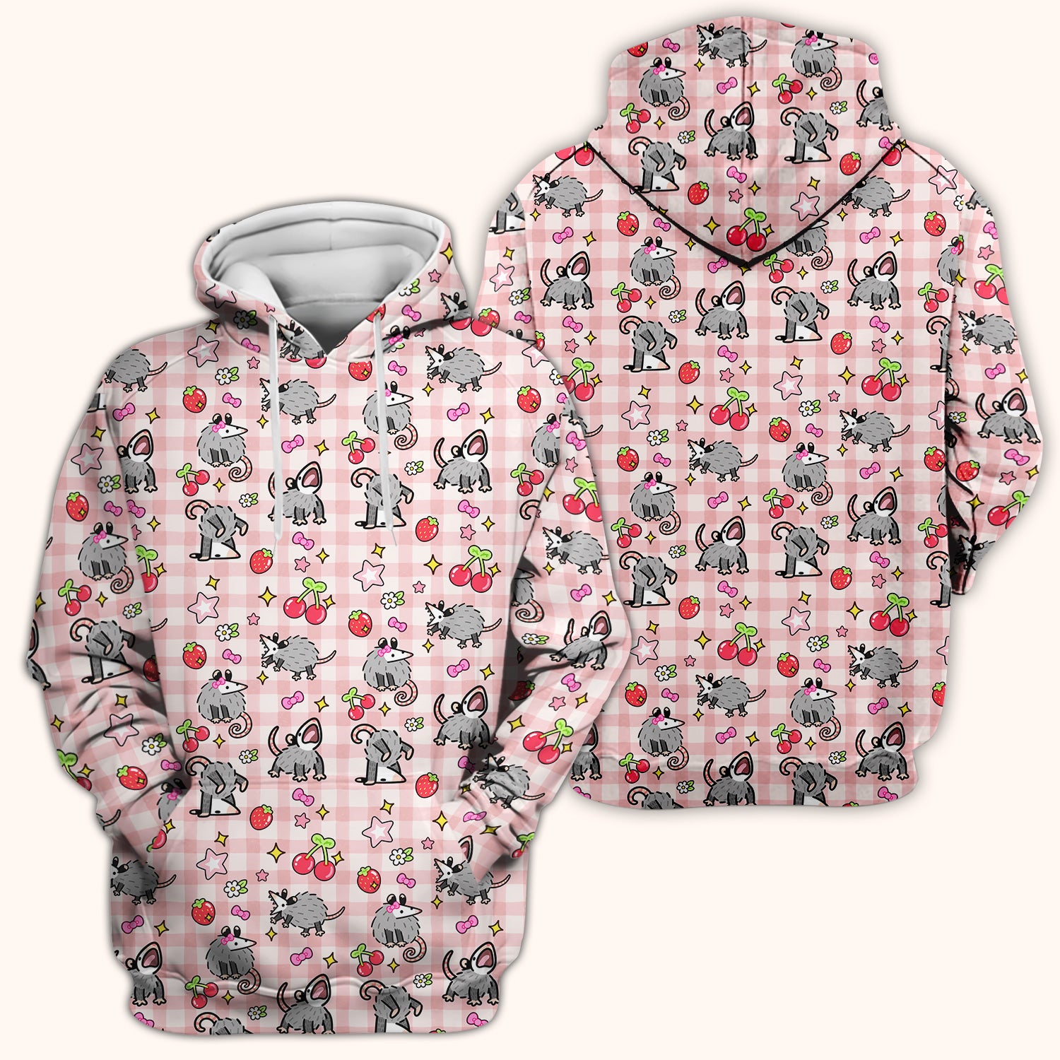 Cute Opossum And Cherries Gingham Pattern Scrub Top, Comfortable Scrubs for Nurses