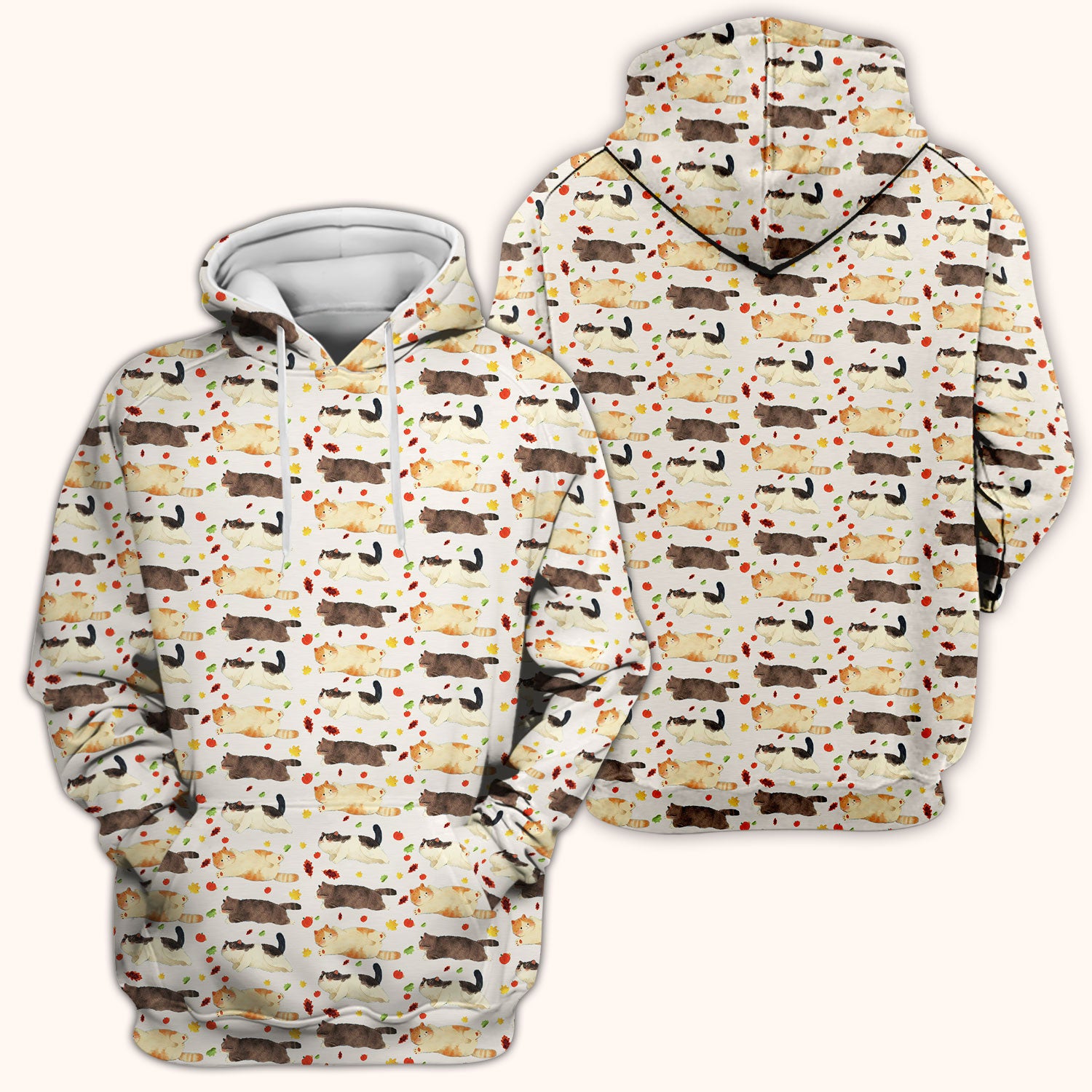 Chubby Cat Autumn Leaves Print Scrub Top, Breathable Fabrics Nursing Uniform