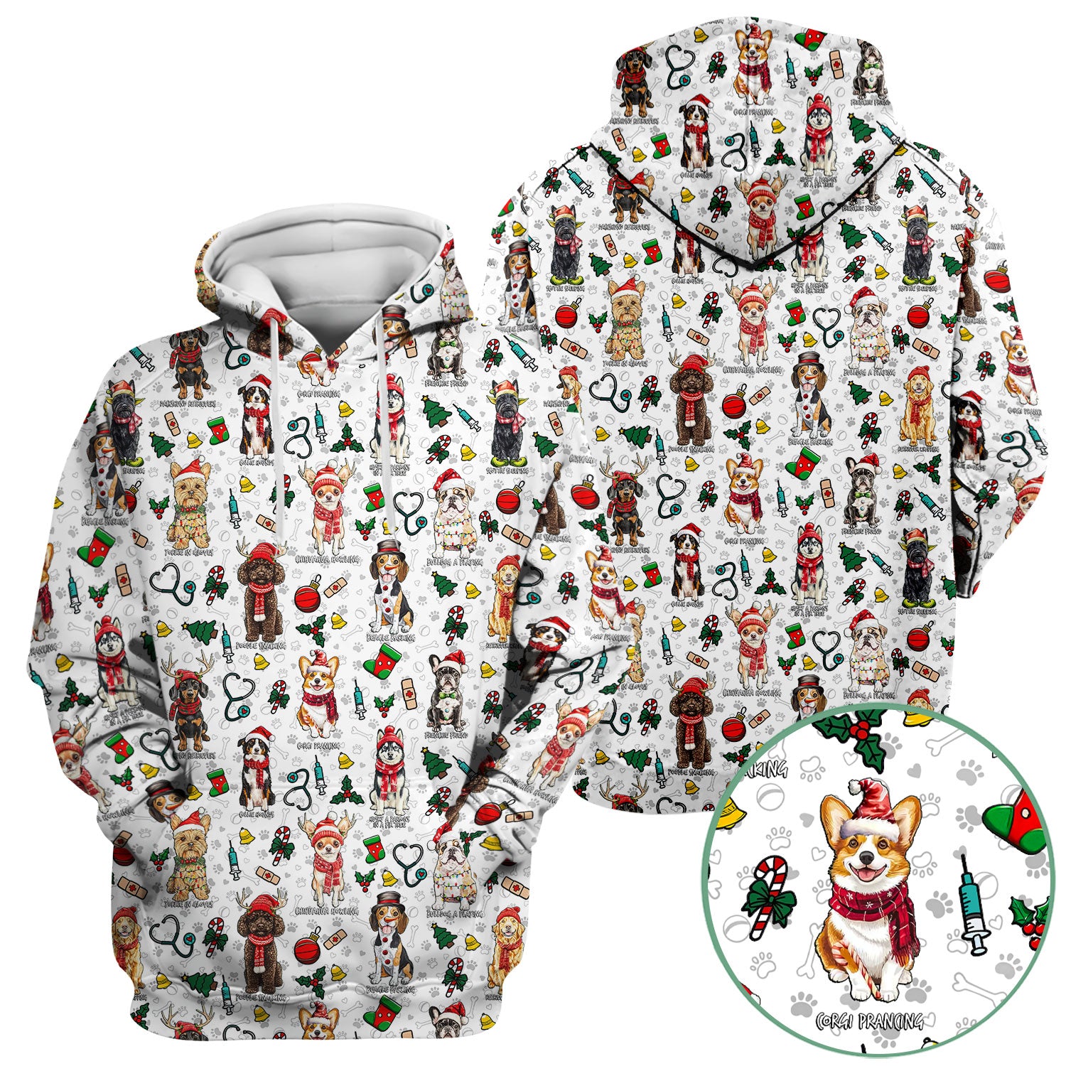 Cute Christmas Dog Scrubs for Nurses - Corgi, Dachshund, Husky, Poodle & Labrador - Funny Holiday Medical Scrub Top for Women