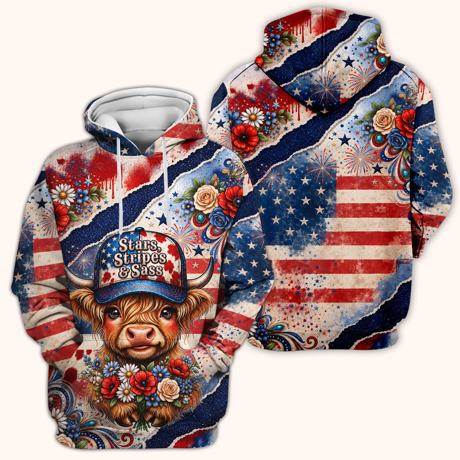 Patriotic Highland Cow Pattern, Healthcare Workers Scrub Top, Comfortable Scrubs for Nurses