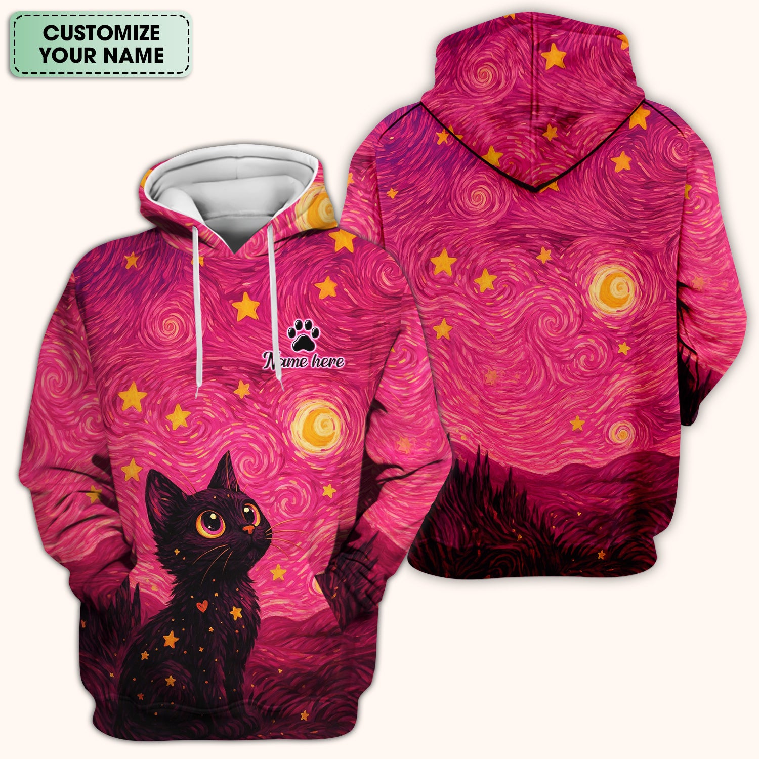 Personalized Black Cat Galaxy Star Swirl Pattern Scrub Top, Comfortable Scrubs for Nurses