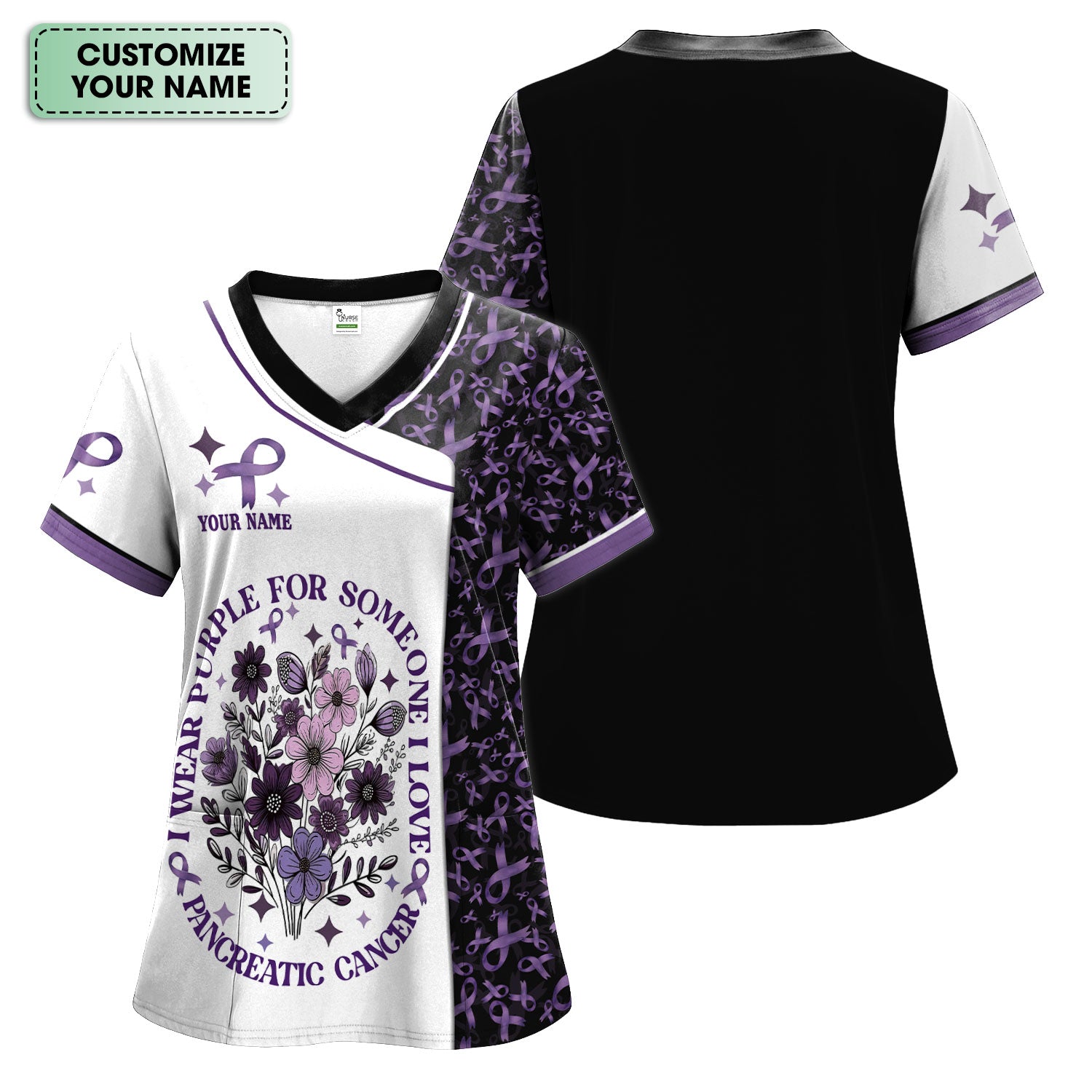 Custom Name Pancreatic Cancer Scrub Top - Awareness Nurse Shirt for Someone I Love - Personalized Gift for Fighters Survivors Supporters