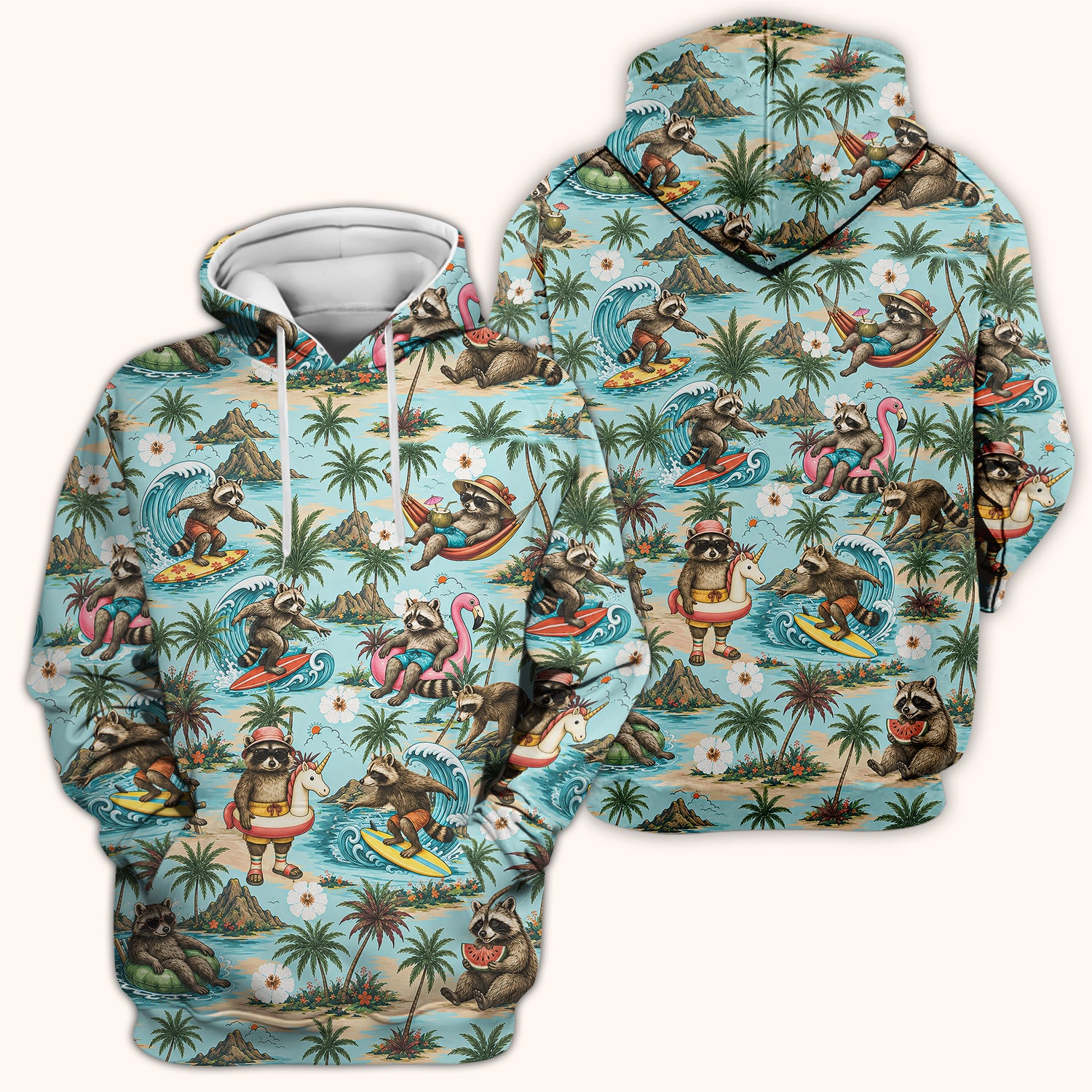 Tropical Raccoon with Surfing Island Beach Print Scrub Top, Comfortable Scrubs for Nurses