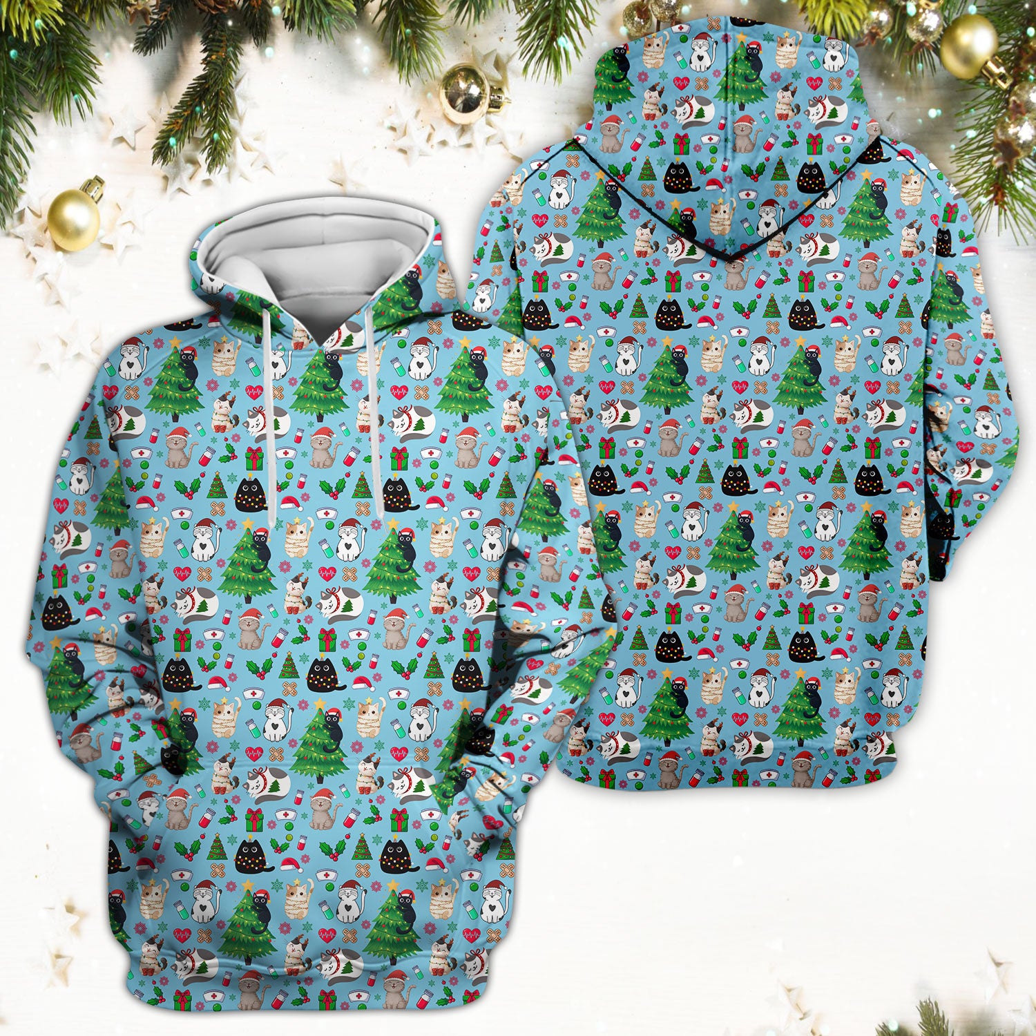 Christmas Cat Scrub Top, Xmas Pet Pattern Scrub Shirt, Breathable Fabrics Nursing Uniform