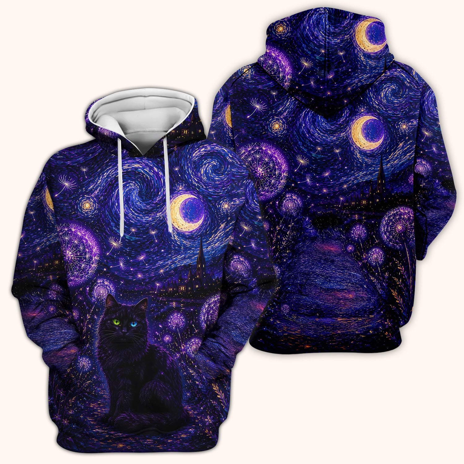 Mystical Black Cat Starry Night Print Scrub Top, Comfortable Scrubs for Nurses