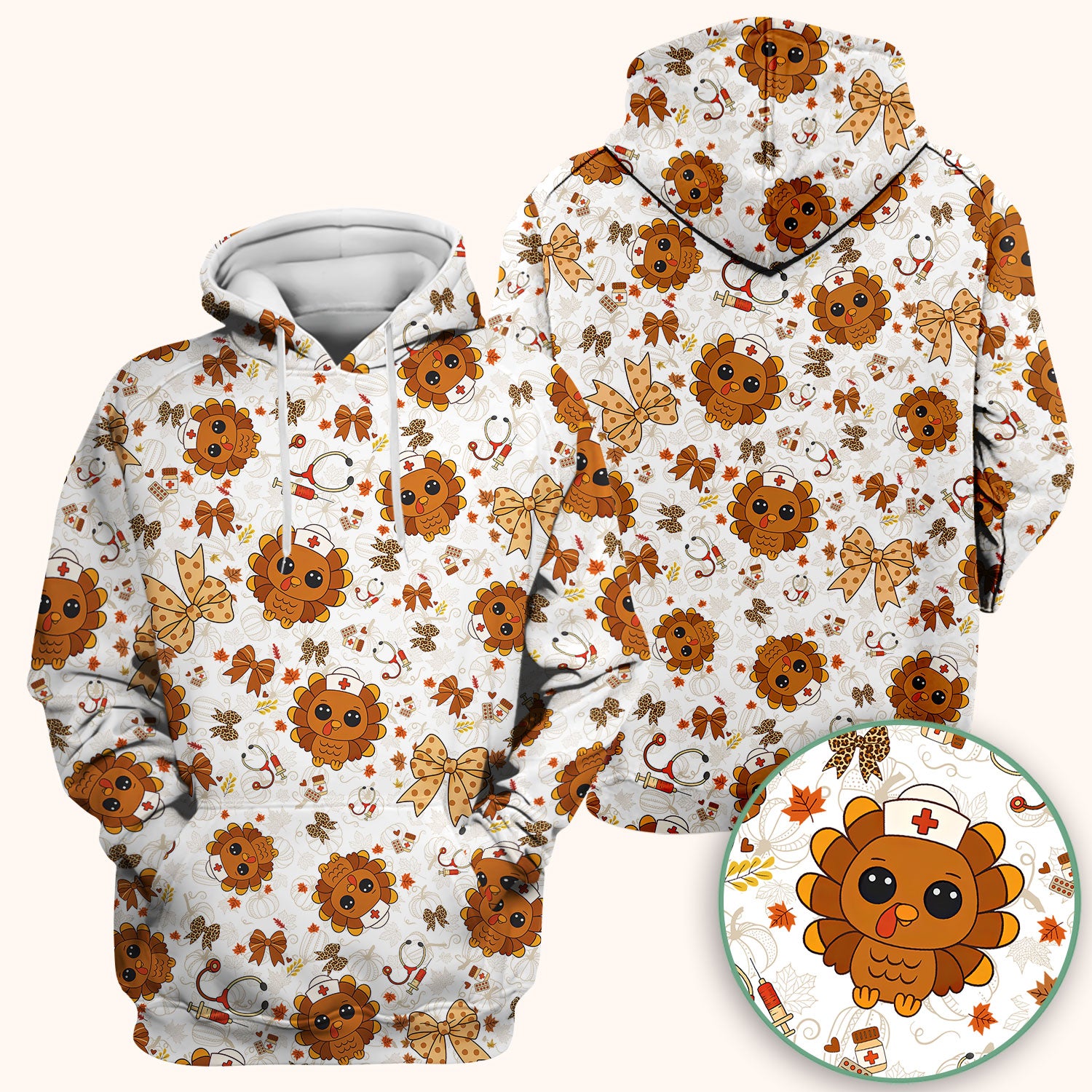 Thanksgiving Turkey Nurse Scrub Top for Women - Cute Fall Leaves and Bow Shirt - Autumn Medical Shirt Gift for RN CNA LPN Doctor