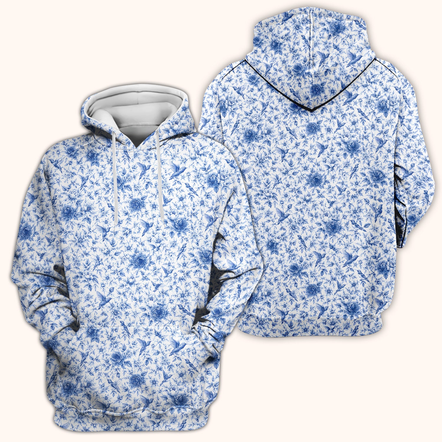 Blue Floral Hummingbird Toile Pattern Scrub Top, Comfortable Scrubs for Nurses