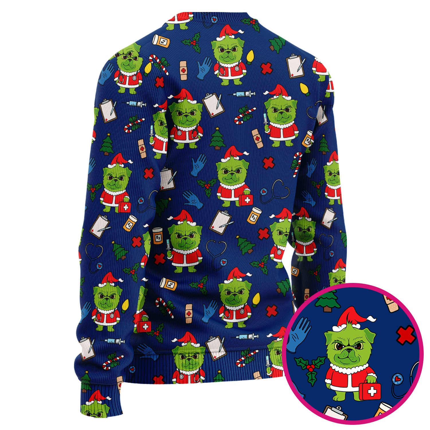 Funny Nurse Christmas Scrubs Set - Grumpy Dog Pattern with Medical Tools - Festive Holiday Scrub Top and Pants for Women