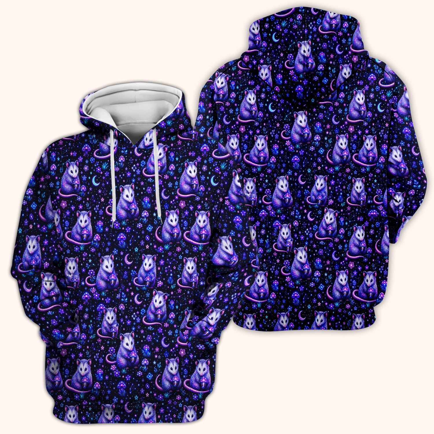 Neon Opossum Mushroom Galaxy Pattern Scrub Top, Comfortable Scrubs for Nurses