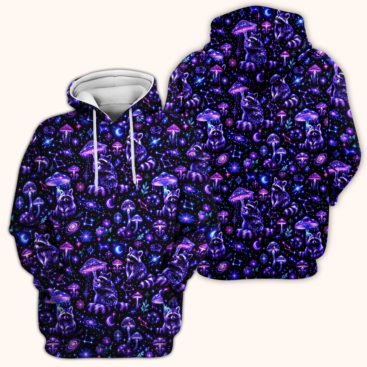 Cosmic Raccoon Mushroom Print Scrub Top, Comfortable Scrubs for Nurses