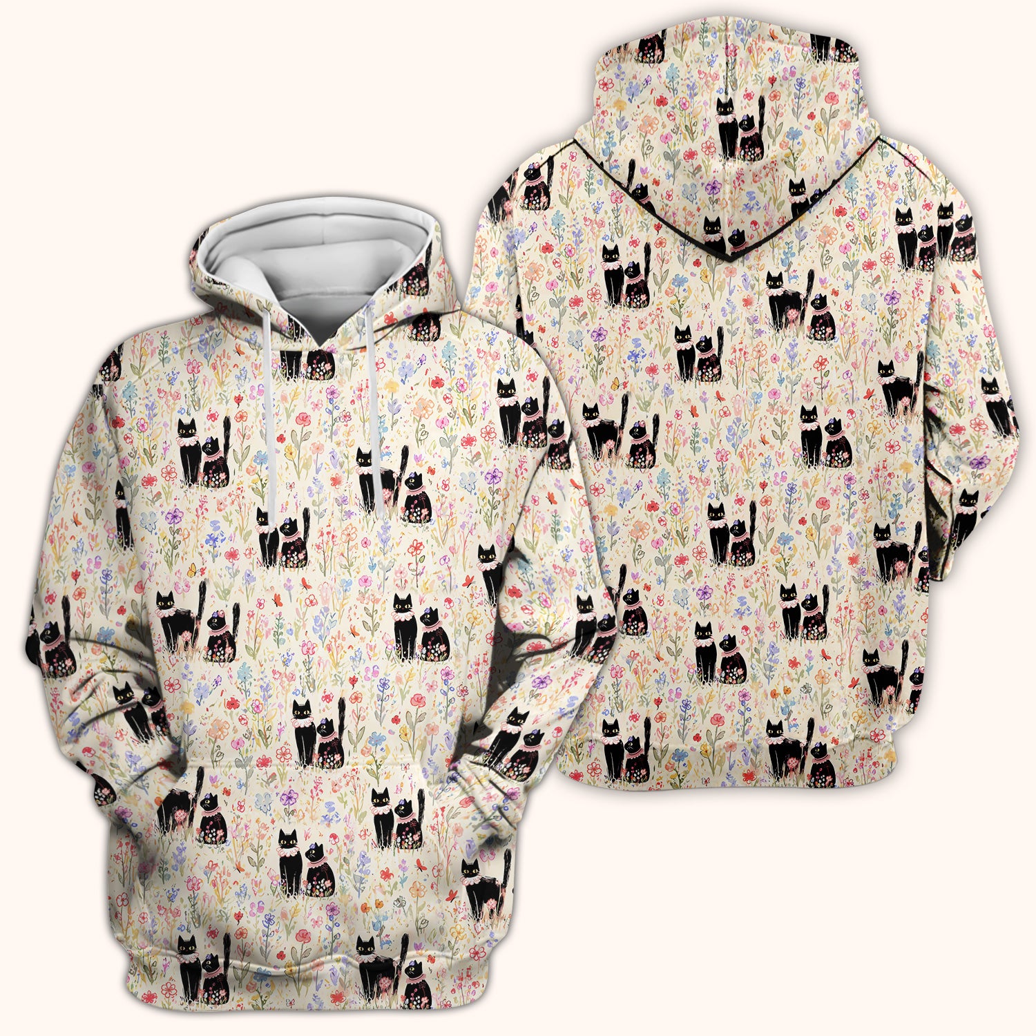 Cute Black Cats Wildflower Garden Pattern Scrub Top, Comfortable Scrubs for Nurses
