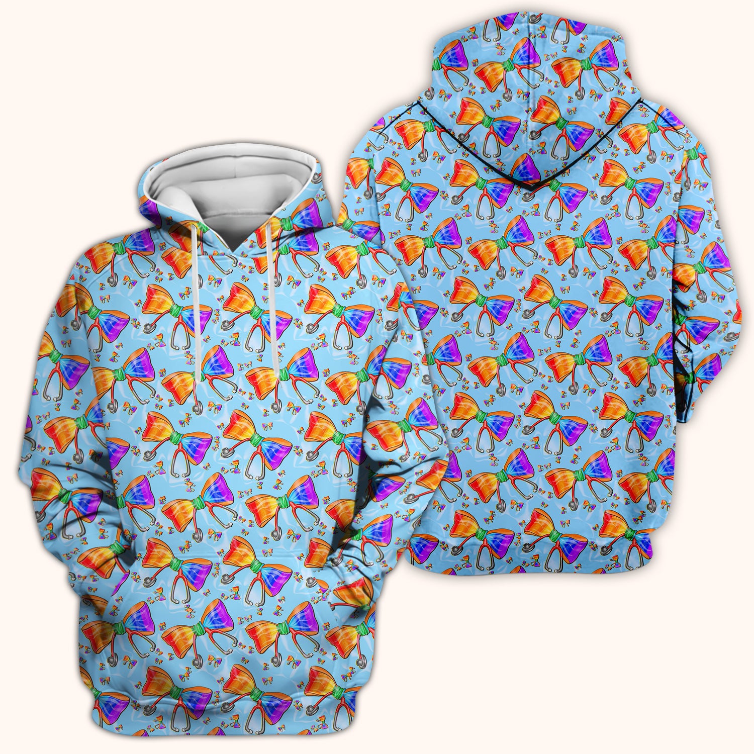 Colorful Rainbow Bow Stethoscope Pattern Scrub Top, Breathable Fabrics Nursing Uniform