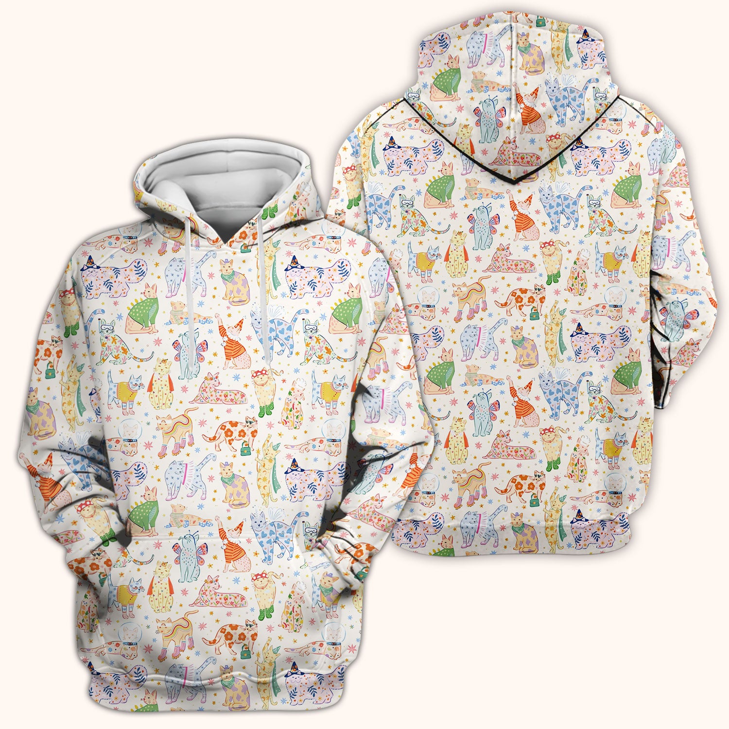 Colorful Pastel Cartoon Cats Print Scrub Top, Breathable Fabrics Nursing Uniform