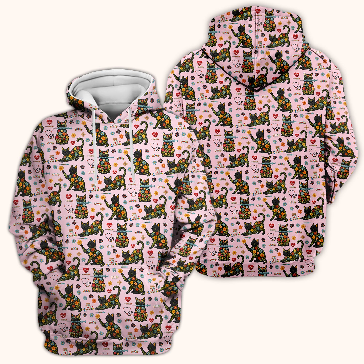 Floral Black Cat Pattern Scrub Top, Cute Cat Nurse Scrub Shirt, Medical Nursing Uniform