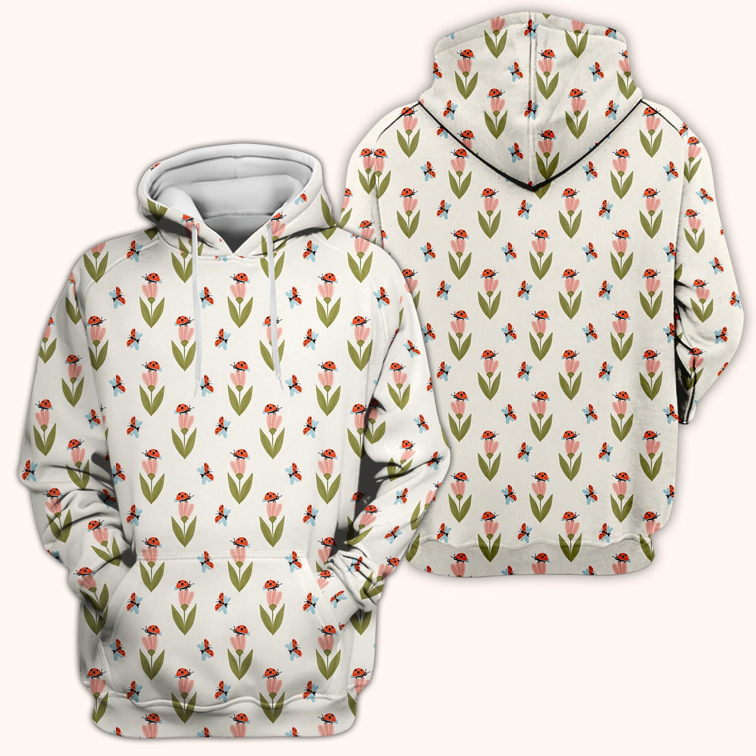 Cute Ladybug Tulip Floral Pattern Scrub Top, Comfortable Scrubs for Nurses