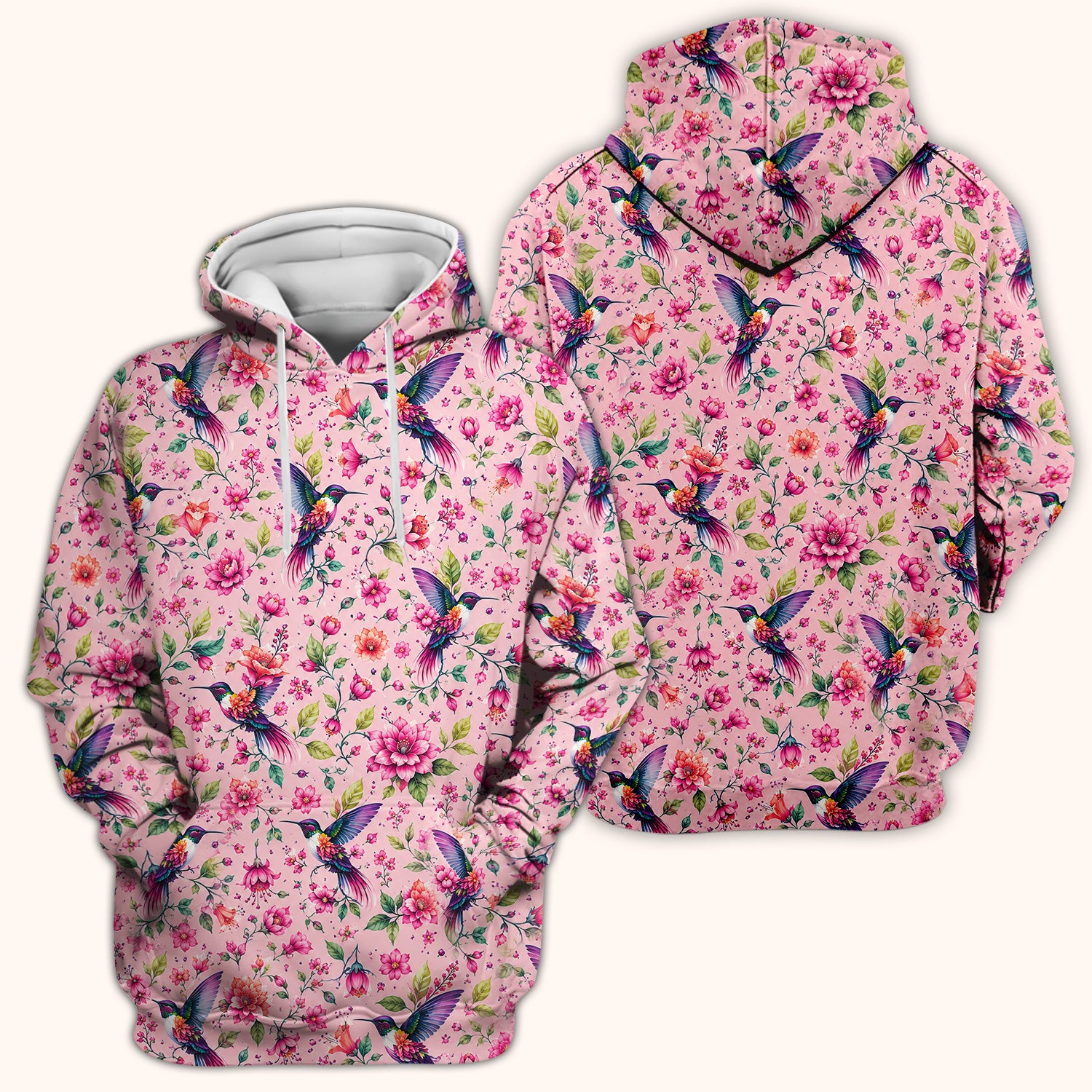 Pink Hummingbird Floral Garden Pattern Scrub Top, Comfortable Scrubs for Nurses