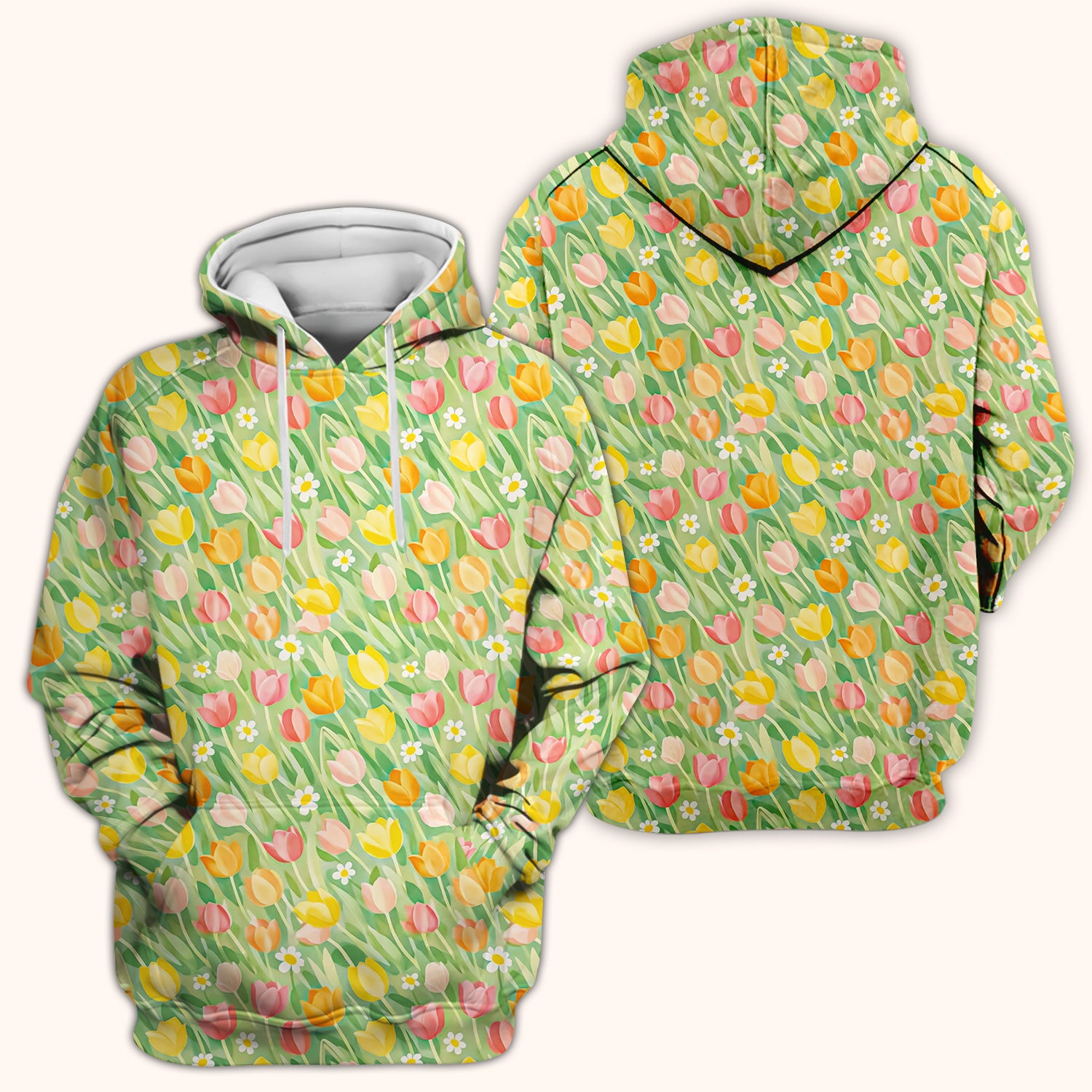 Cheerful Tulip Meadow Print Scrub Top, Breathable Fabrics Nursing Uniform