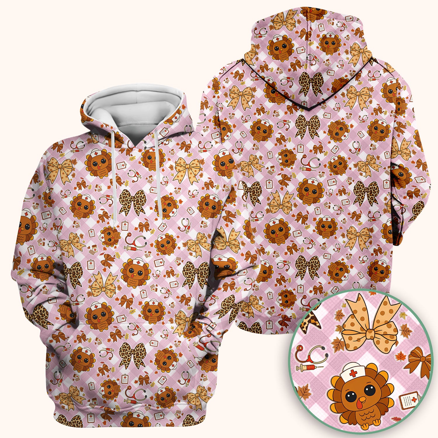 Thanksgiving Turkey Scrub Top for Nurses - Cute Fall Leaves and Bow Shirt - Funny Autumn Nursing Gift for Women RN LPN CNA