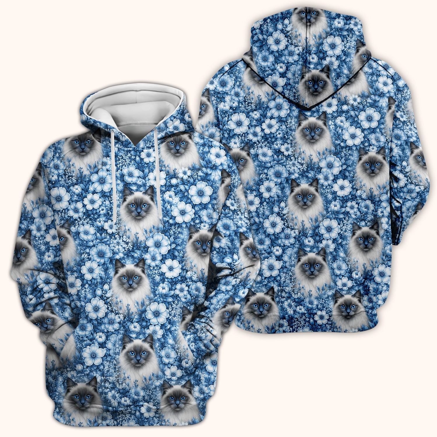 Blue Floral Ragdoll Cat Pattern Scrub Top, Comfortable Scrubs for Nurses