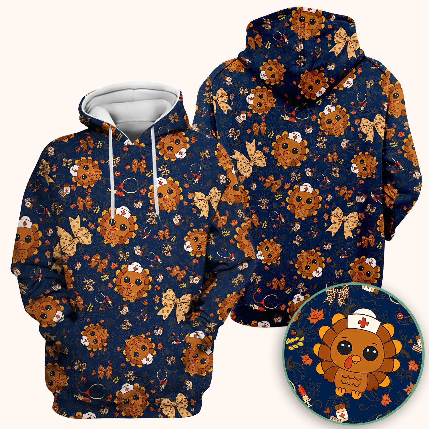 Thanksgiving Turkey Nurse Scrub Top for Women - Cute Fall Leaves and Bow Shirt - Autumn Medical Shirt Gift for RN CNA LPN Doctor