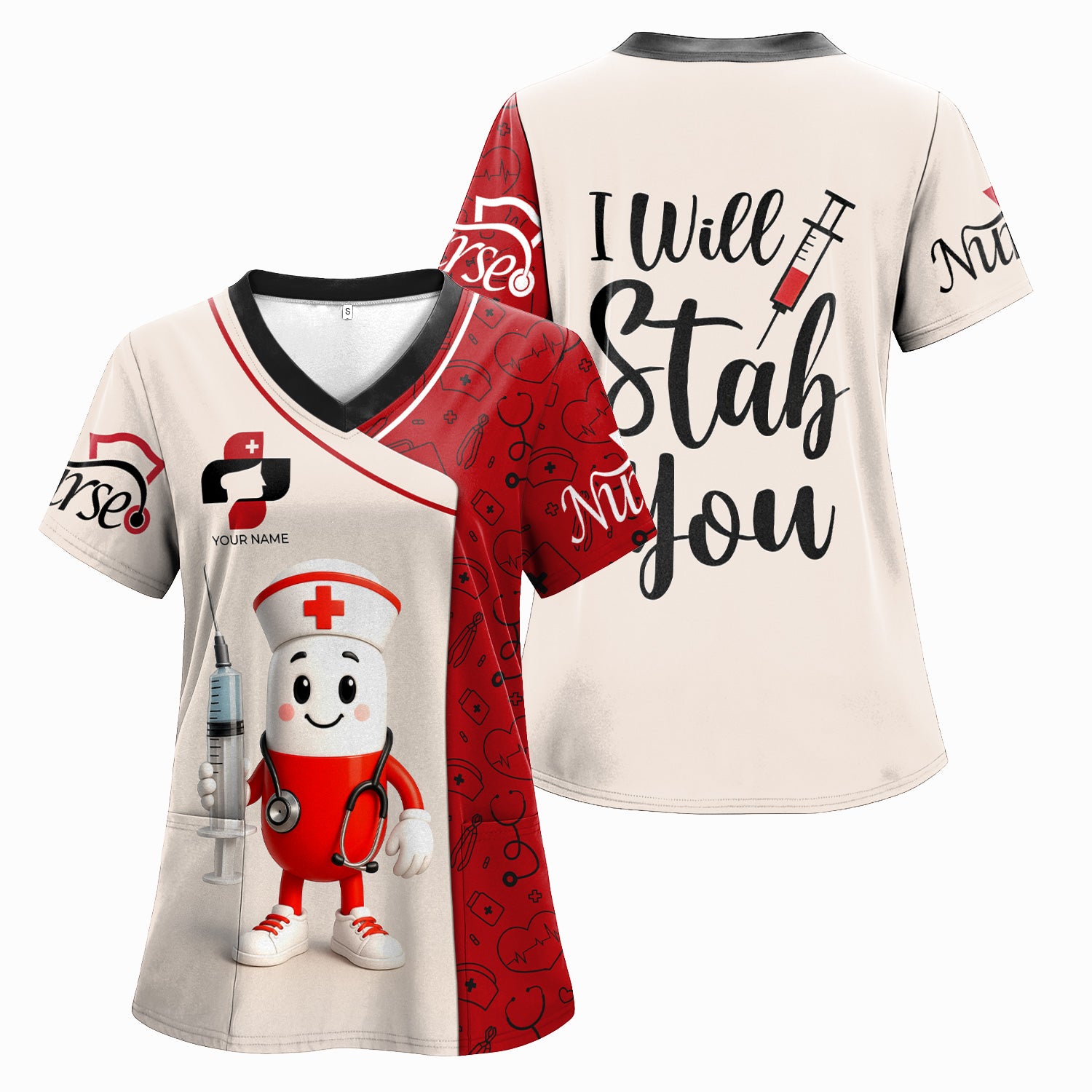 Funny Personalized Nurse Shirt - Pill Cartoon with Syringe - Custom Gift for RN CNA LPN or Nursing Student