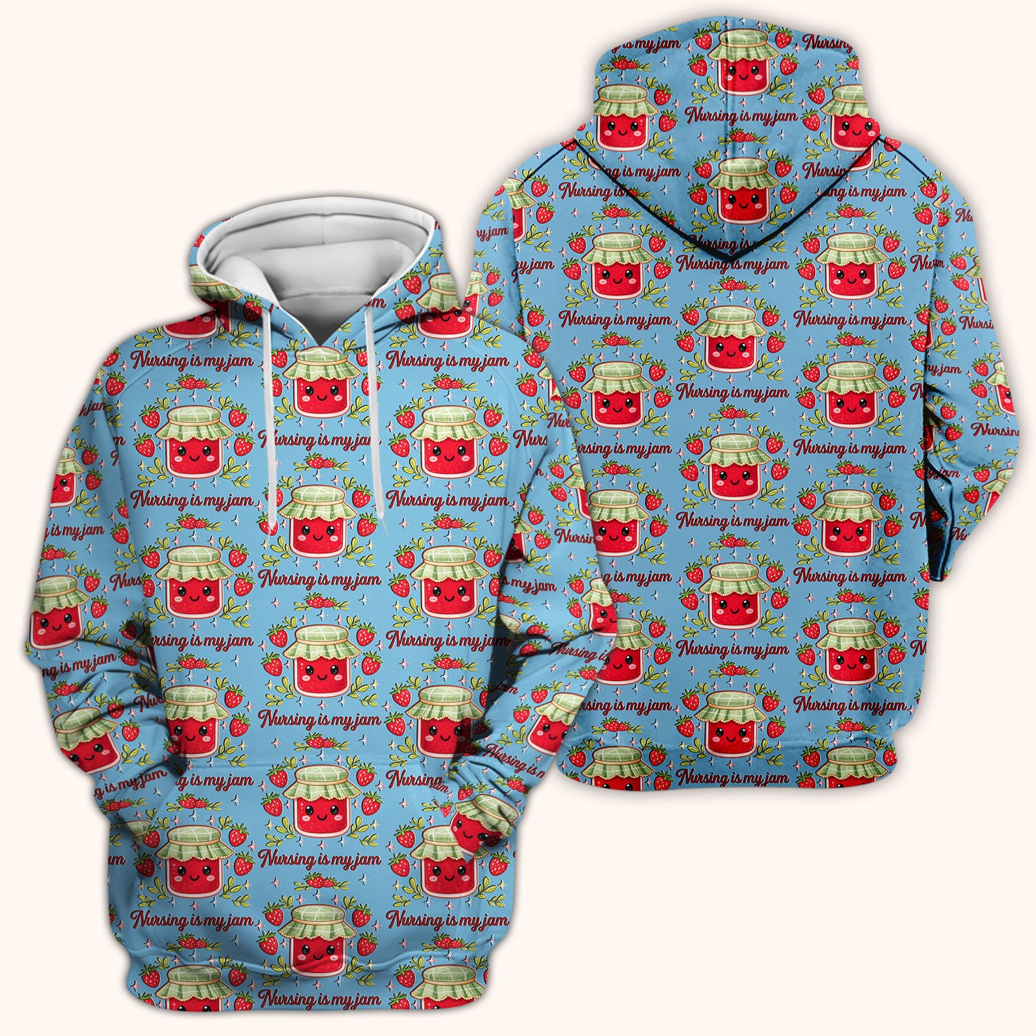 Cute Strawberry Jam Nurse Pattern Scrub Top, Breathable Fabrics Nursing Uniform