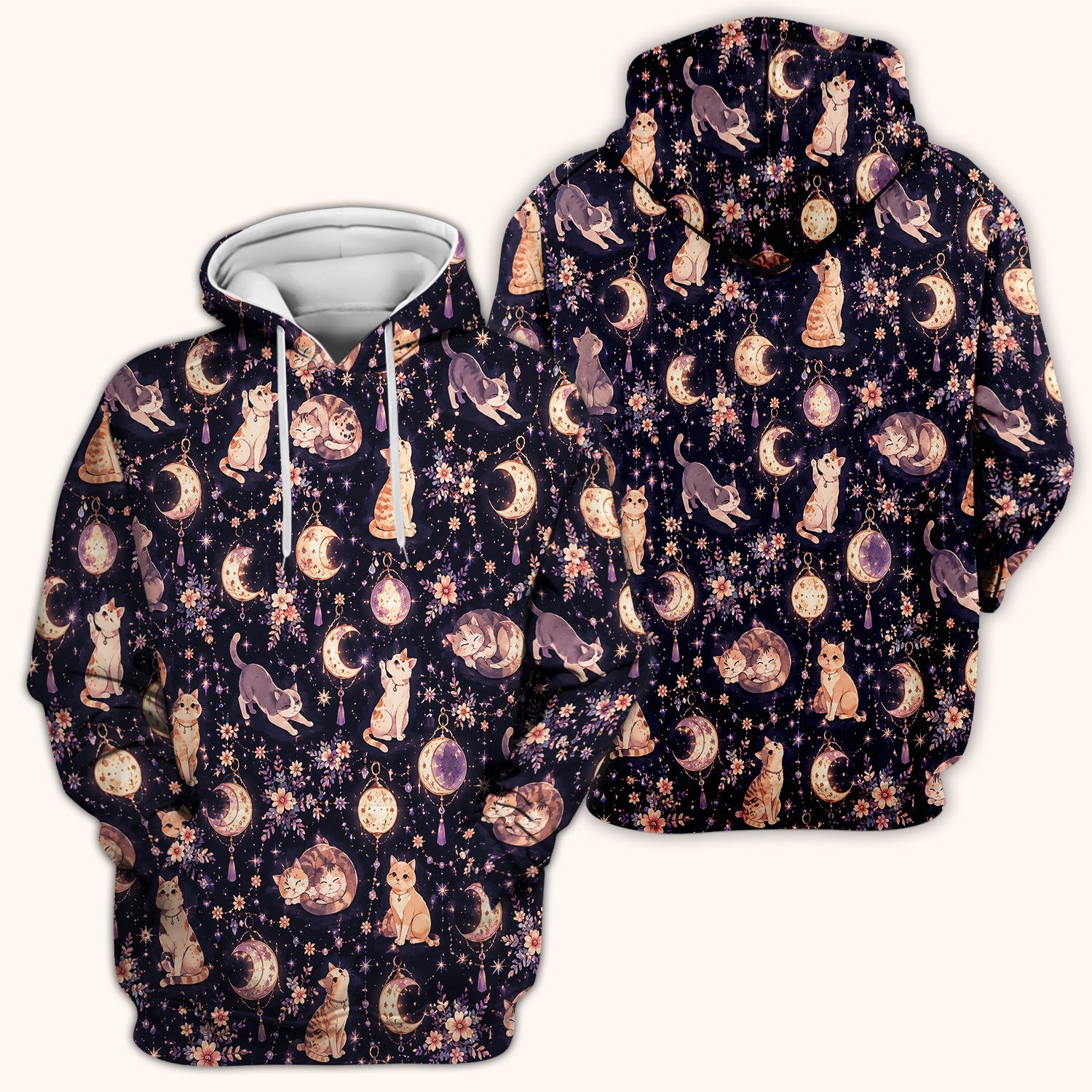 Celestial Cat Pattern Scrub Top, Comfortable Scrubs for Nurses