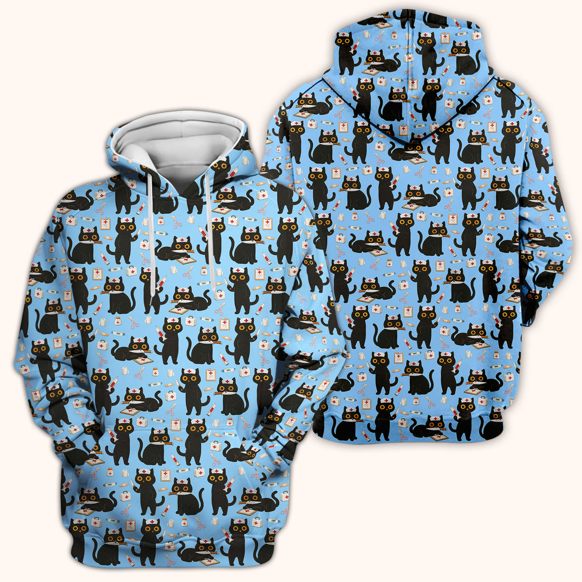 Cute Black Cat Nurse Pattern Scrub Top, Comfortable Scrubs for Nurses
