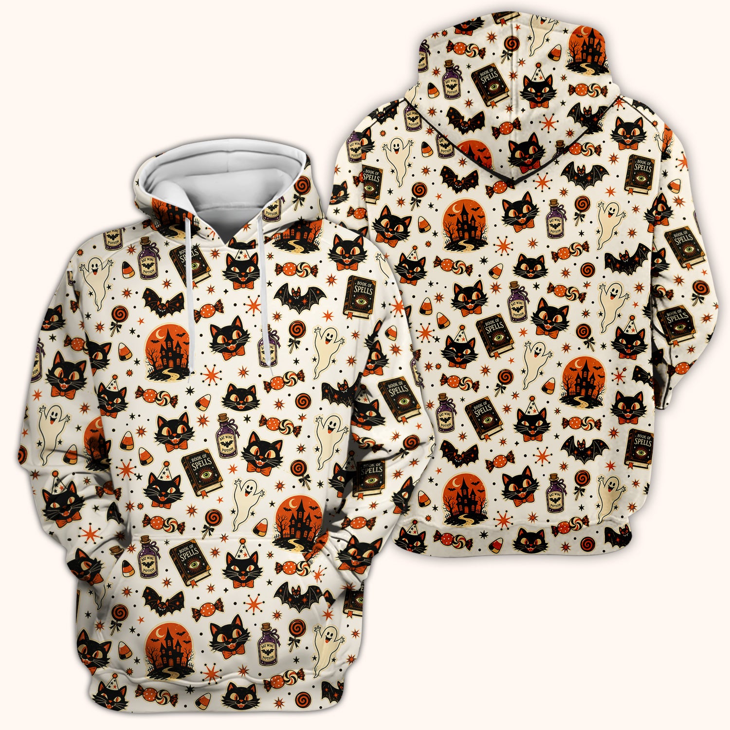 Halloween Black Cat with Ghost Candy Print Scrub Top, Comfortable Scrubs for Nurses