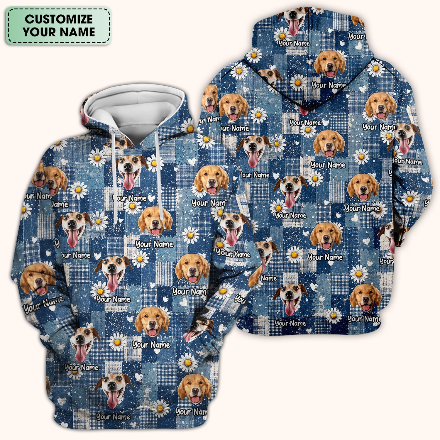 Personalized Cute Dog Portrait On Blue Patchwork Daisy Pattern Scrub Top, Comfortable Scrubs for Nurses