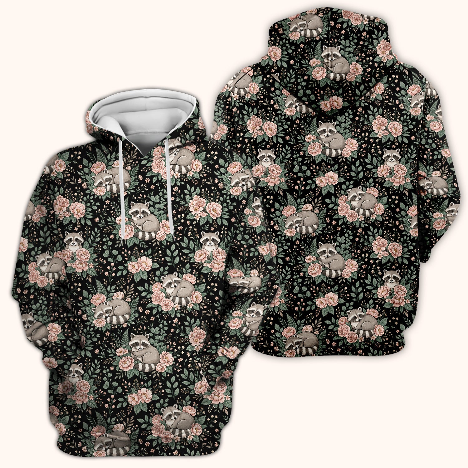 Sleeping Raccoon Rose Garden Pattern Scrub Top, Breathable Fabrics Nursing Uniform