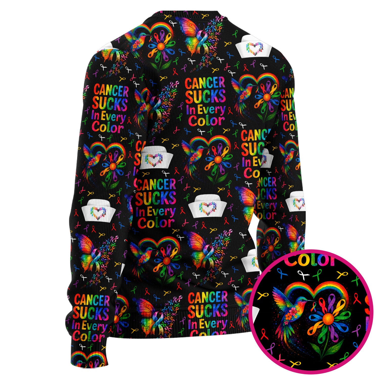 Cancer Sucks in Every Color Scrub Set - Rainbow Ribbon Awareness Pattern - Supportive Nursing Gift for Women RN LPN CNA