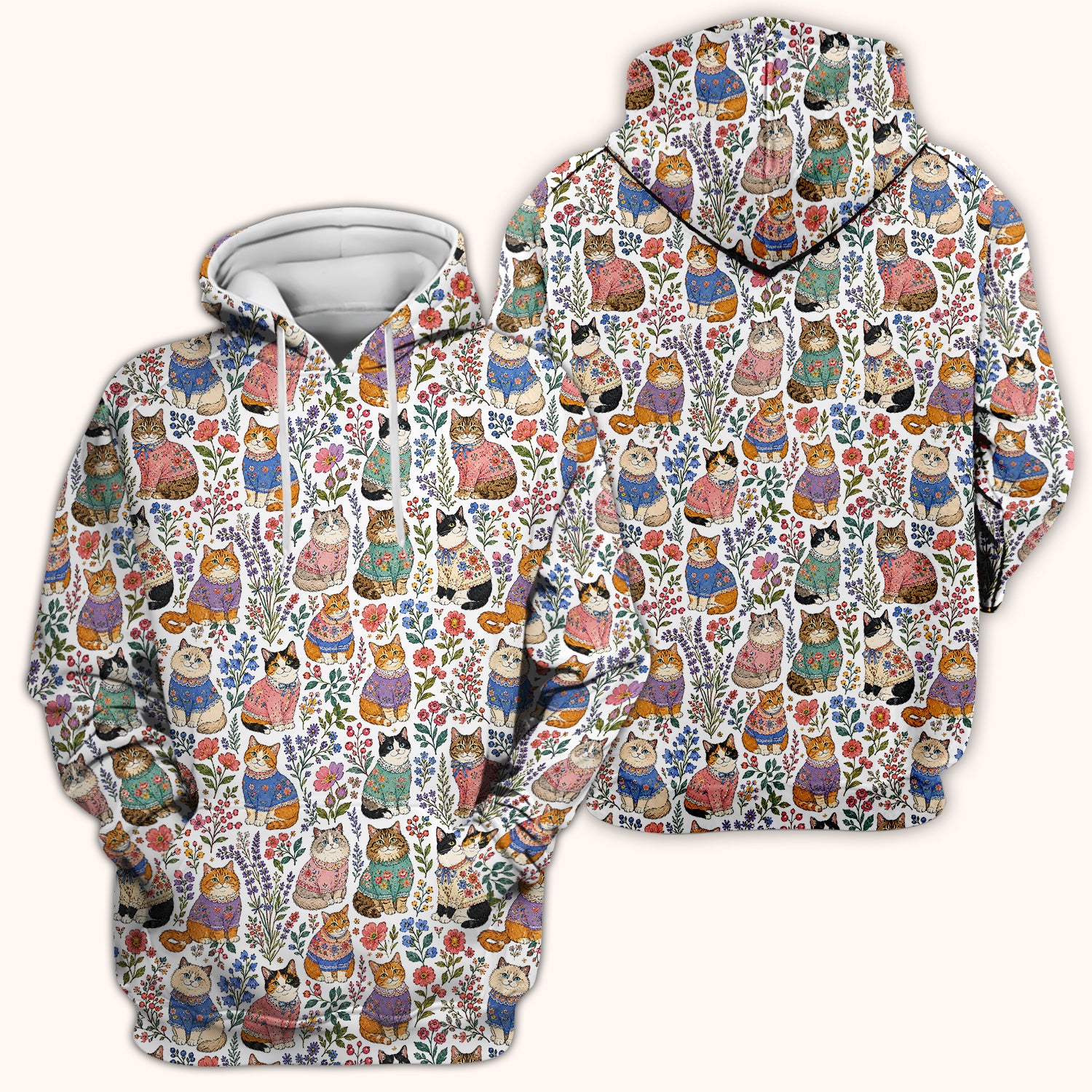 Cute Floral Cat Pattern Scrub Top, Comfortable Scrubs for Nurses