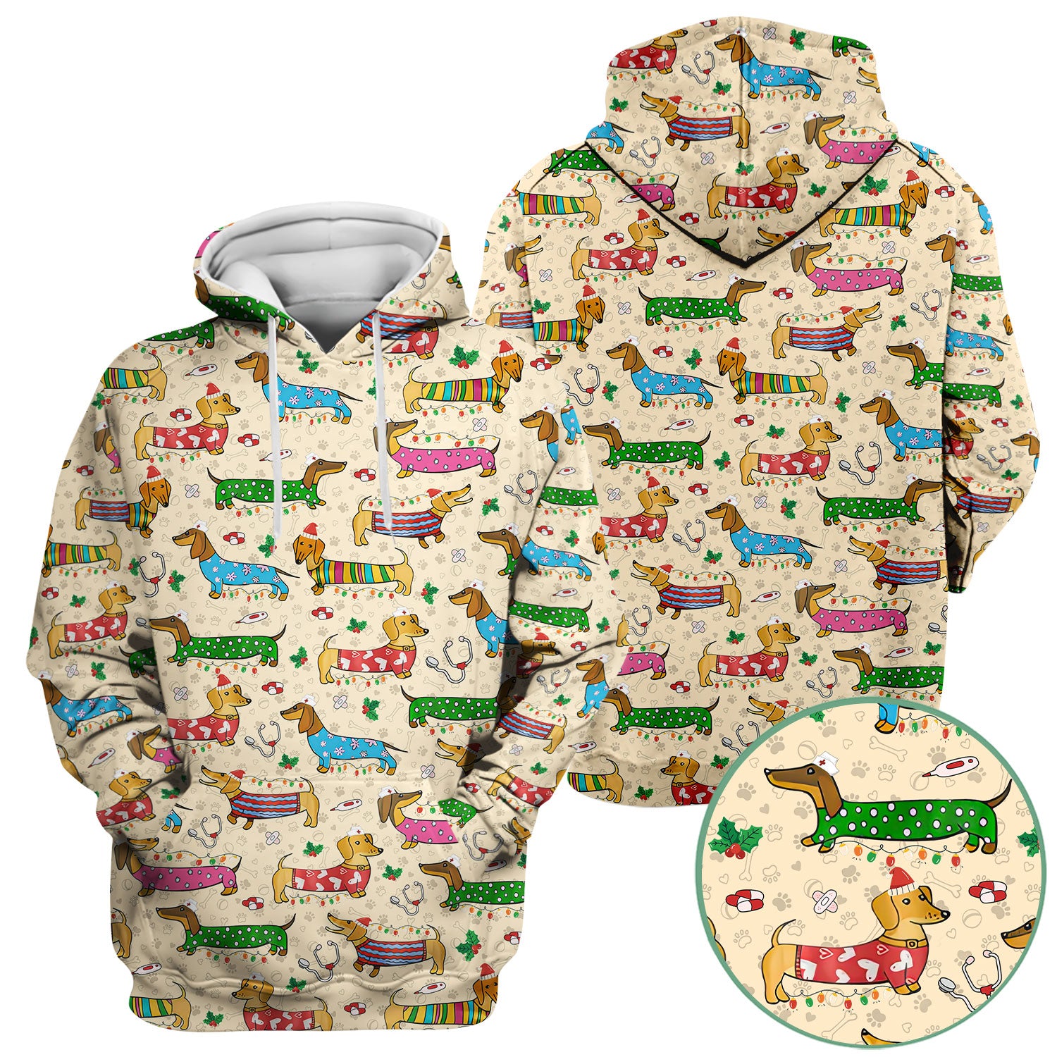 Christmas Dachshund Nurse Scrub Top - Cute Wiener Dog in Holiday Outfit - Funny Medical Shirt Gift for Women RN LPN CNA