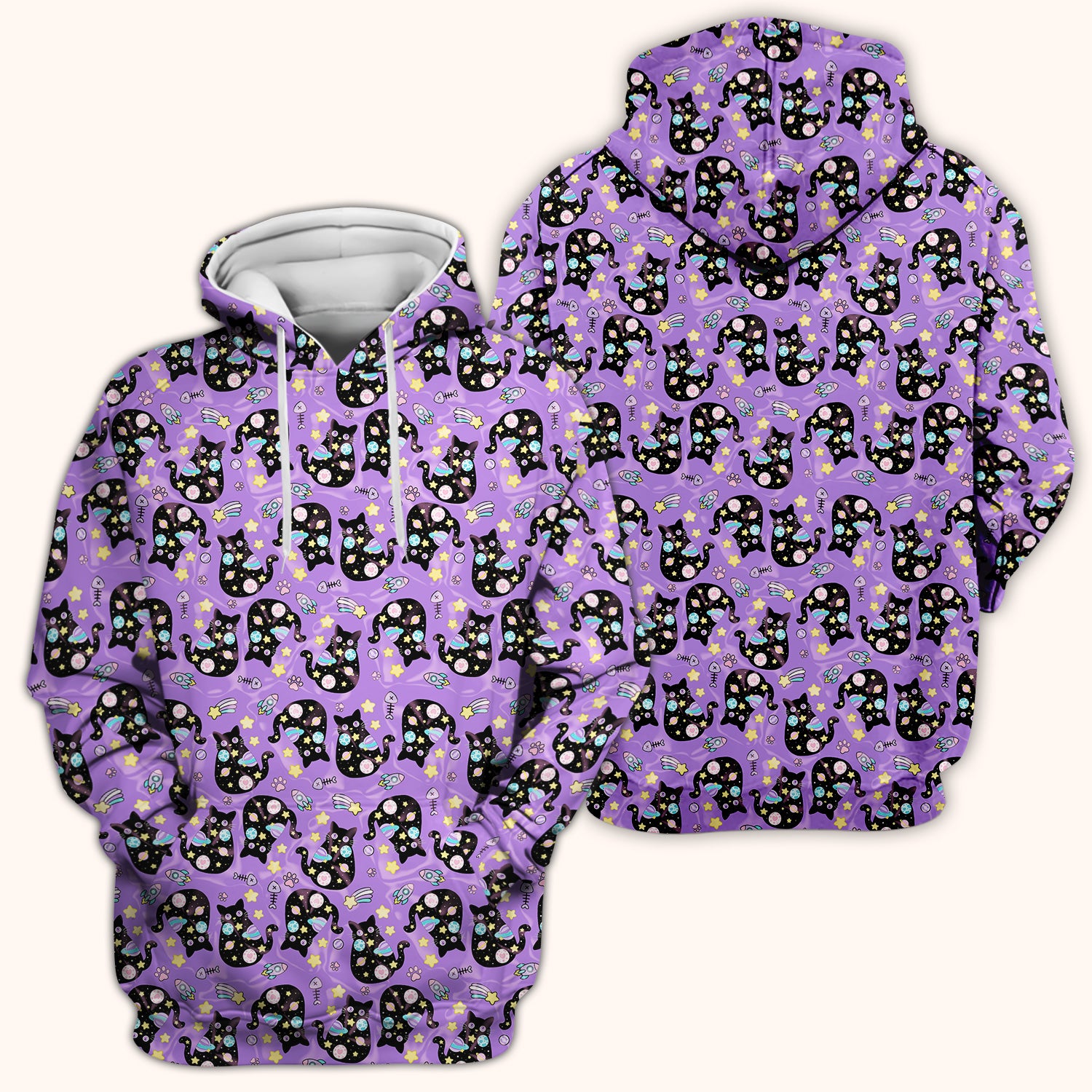 Galaxy Black Cat Space Pattern Scrub Top, Breathable Fabrics Nursing Uniform