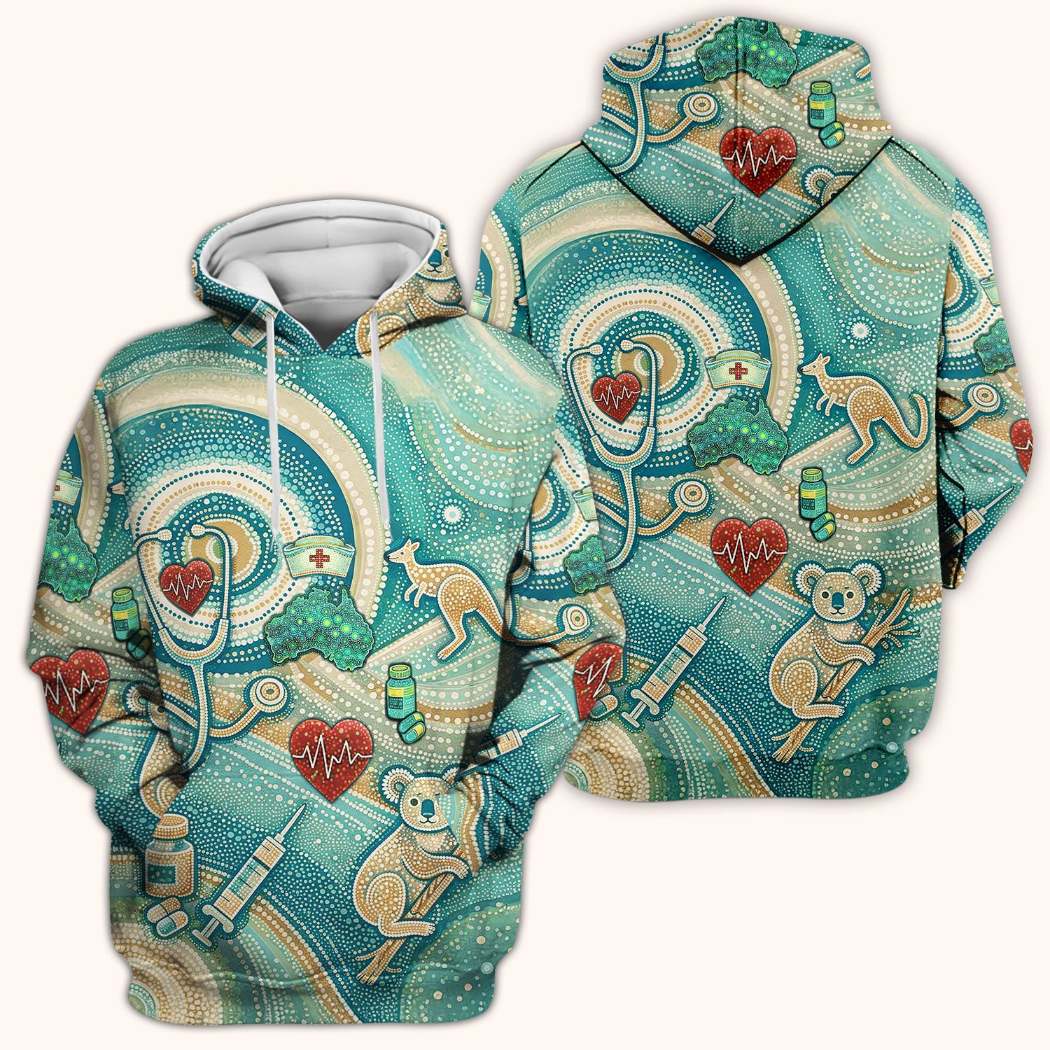 Australian Wildlife Dot Art Inspired Medical Scrub Top - Aussie Women V-Neck Shirt